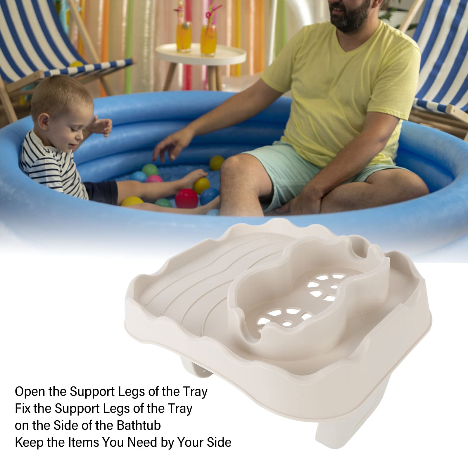 Bath Table Tray, Hot Tub Table Tray Adjustable Hot Tub Side Table Drink Caddy with 2 Cup Holders Nonslip Hot Tub Shelf Pool Side Life Tray Table(Beige)