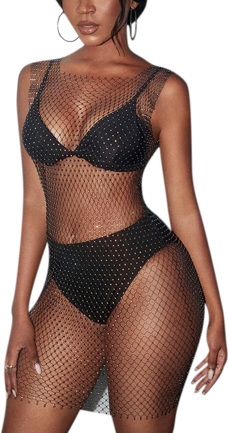 Women’s Sparkly Rhinestone Bikini Dress Sexy Sheer Mesh Sleeveless Swimsuit Cover Up Swimwear for Beach Pool Clubwear - Image 3