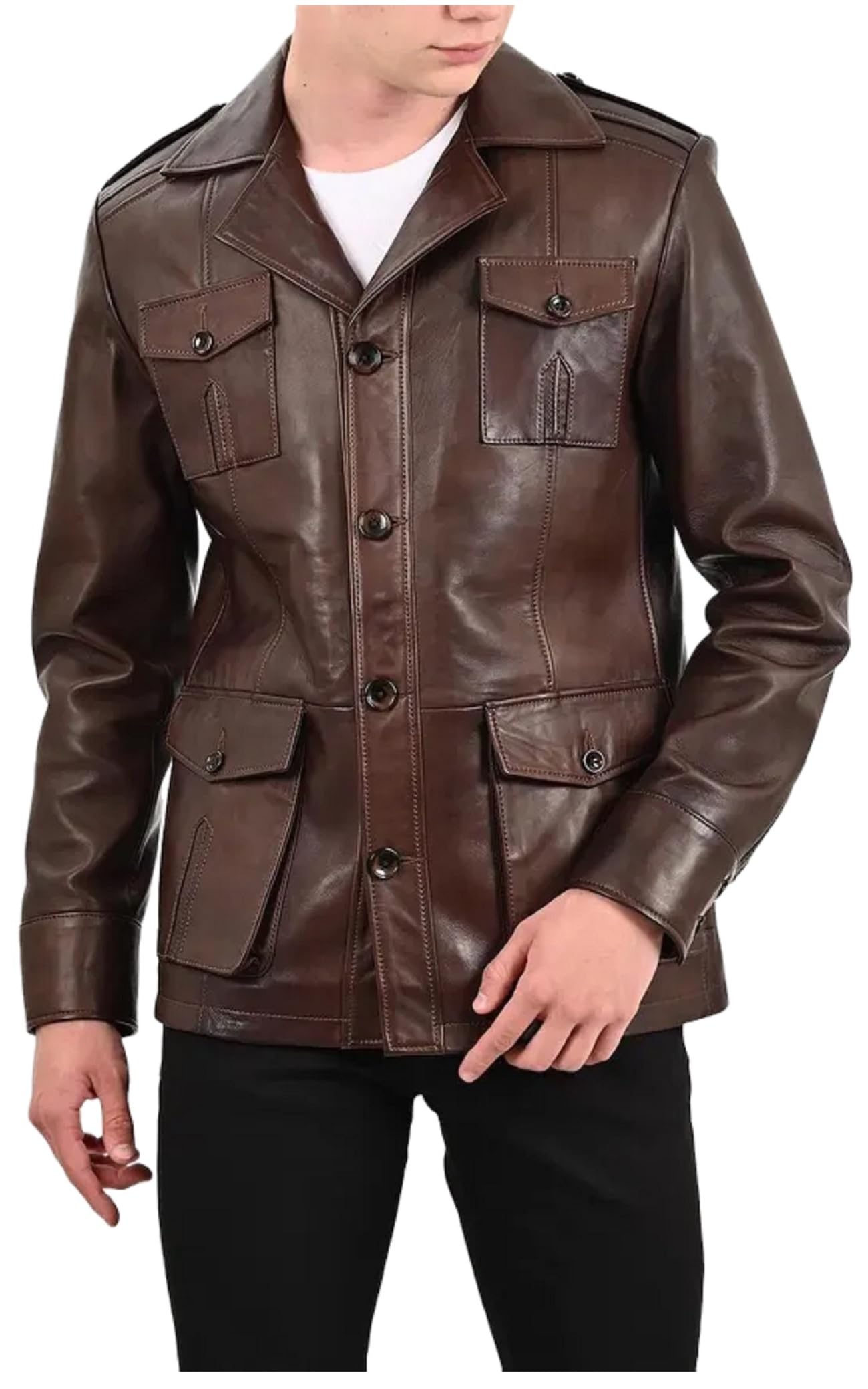 Chaqueta de campo de cuero marrón oscuro vintage para hombre, abrigo militar de estilo safari clásico