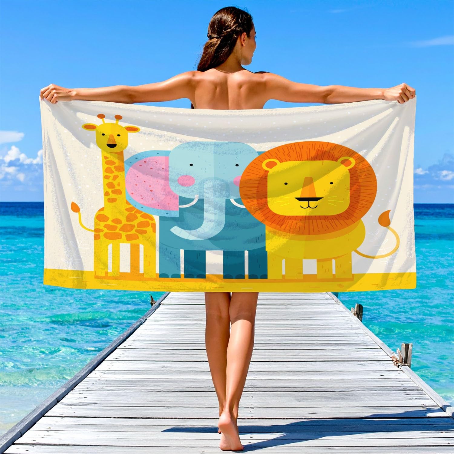 Générique Grande Serviette de Plage 200 x 100 CM,Drap de Plage Microfibre,Couverture de Plage Absorbante Rapide pour Enfants, Vif, Lumineux Girafes, Éléphants, Lions, Animaux Cartoon