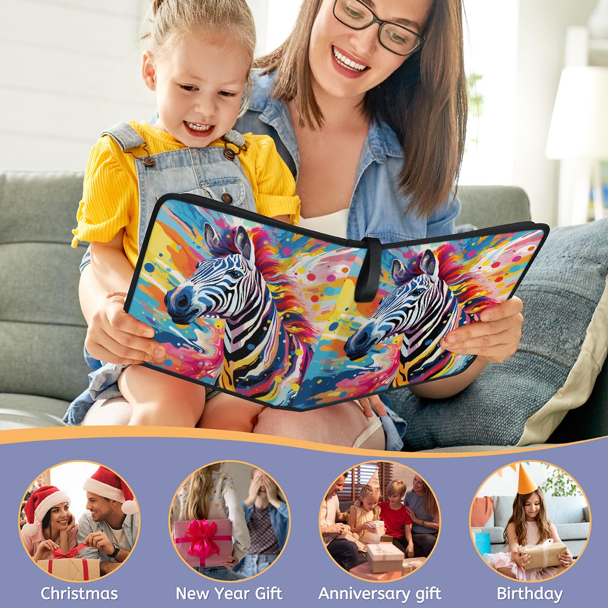 Raccoglitore per carte collezionabili con 4 tasche colorate zebrate, raccoglitore per carte artistiche, pittura con animali, con maniche rimovibili, impermeabile, con cerniera, 50 pagine, capacità 400