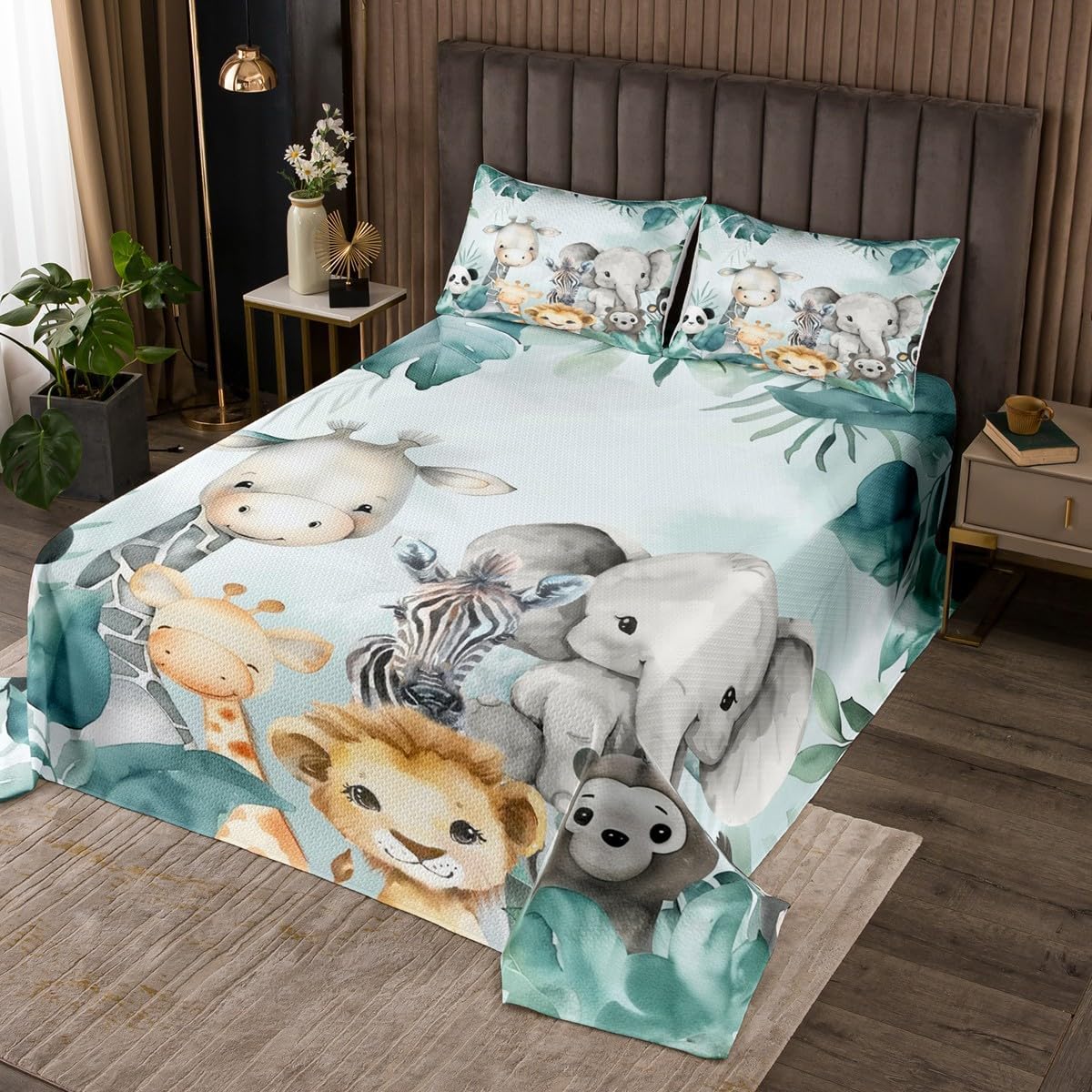 Erosebridal Kids Zoo Animal Coverlet Set,Cute Animal Quilt Set Queen Size for Kids Teens Adults,Palm Tree Leaves Bedspread Set,Wildlife Bed Cover Bedroom Decor