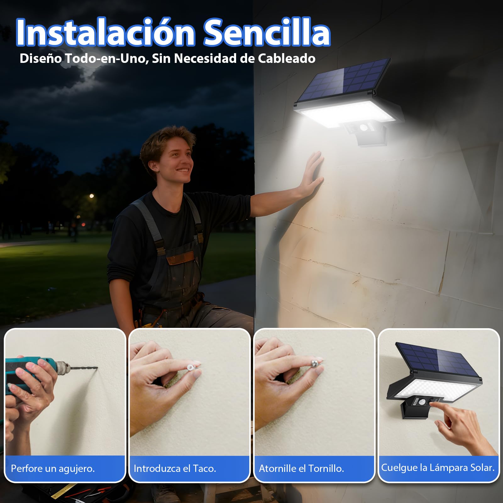 JESLED Luces Solares Exterior 108LED con Sensor Movimiento,2600mAh, 4 Modos IP65, Carga Rápida Tipo-C, Iluminación Seguridad - Resistente al Agua y Clima Extremo para Patio Jardín Garaje, Pack 4