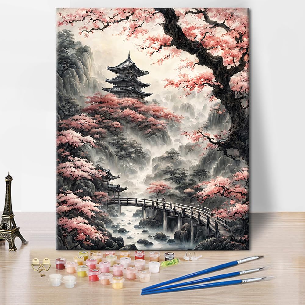 TISHIRON Japanese Temple Paint by Number Kits for Adults Beginners,Tree Adults Paint by Numbers Kits,DIY Pink Cherry Blossom Paint by Numbers Kits on Canvas for Home Wall Decor 16x20inch Frameless