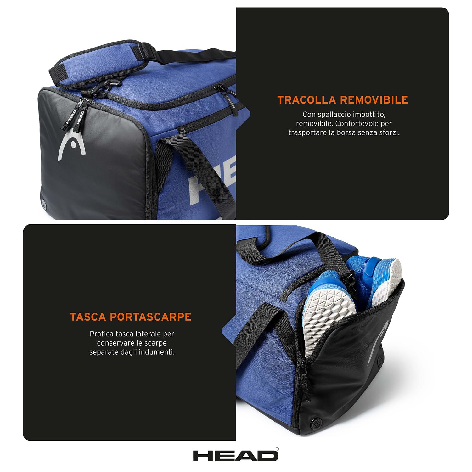 HEAD - Borsone Palestra Uomo Donna 55x30x30 Ampio 50L, Borsone da Viaggio e Sport Impermeabile, Borsa Palestra, Calcio e Piscina con Porta Scarpe Laterale, Tracolla Removibile e Zip Morbido Resistente
