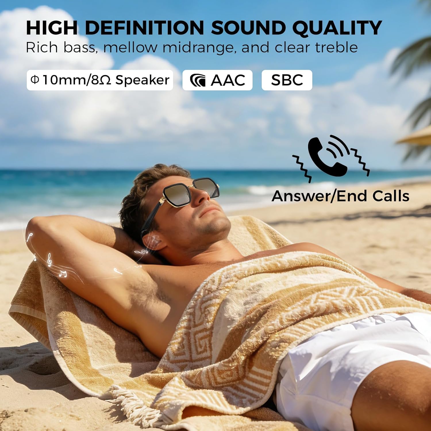 BRIBEJAT Bluetooth Sunglasses with Speakers, Smart Glasses for Men & Women, Voice Assistant, Bluetooth 5.4, 8H Playtime, Touch Control, UV Protection for Outdoor Sports/Driving/Travel (Gold Frame)