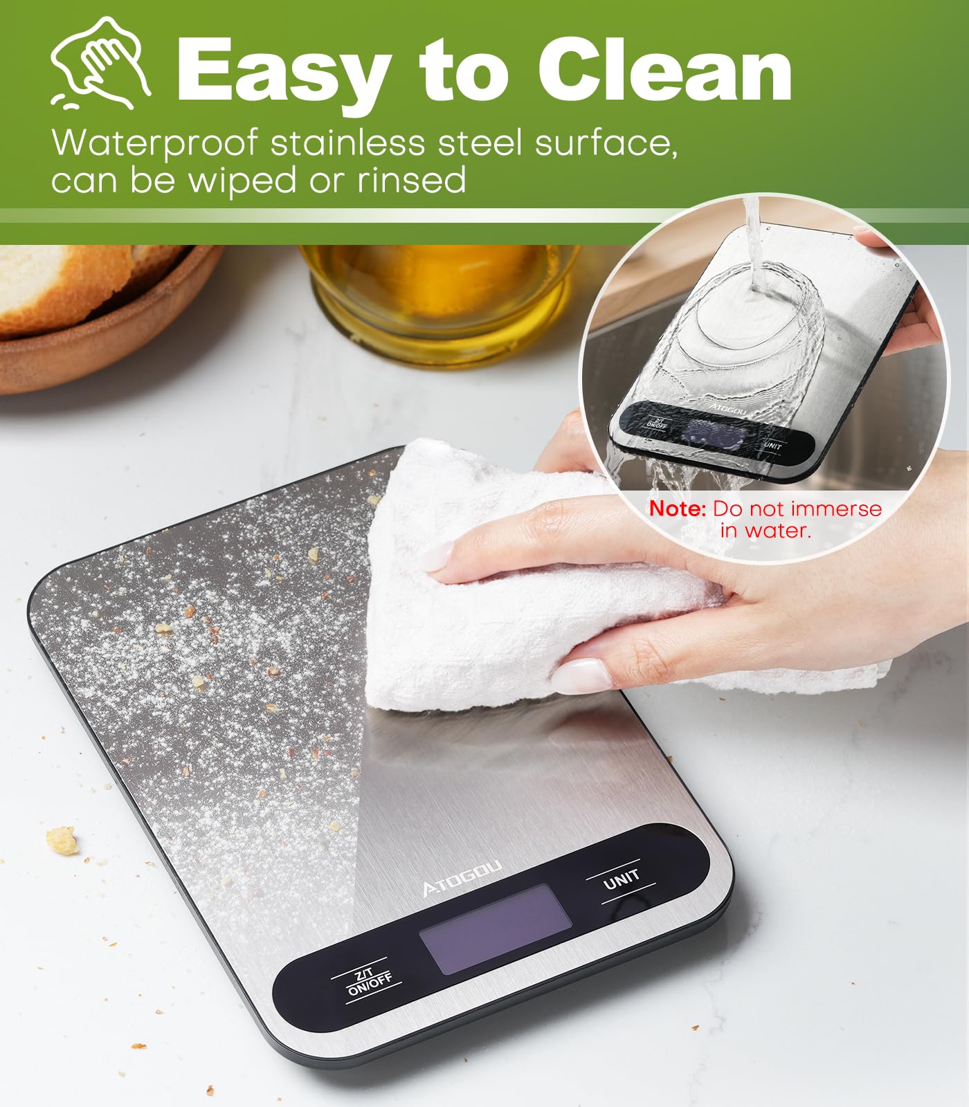Atogou Báscula digital de cocina de 15 kg con pantalla LCD de visión completa | Superficie de acero inoxidable duradera, para cocinar, hornear, preparar comidas, color negro