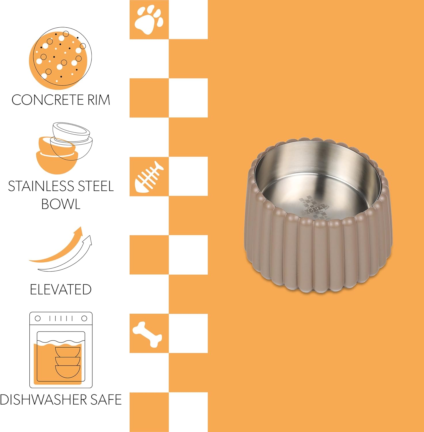 DBL3001D Ripple Ridge Small/Medium Slanted Concrete and Stainless Steel Bowl 16oz (2 Cups) Pet Feeder, Brown