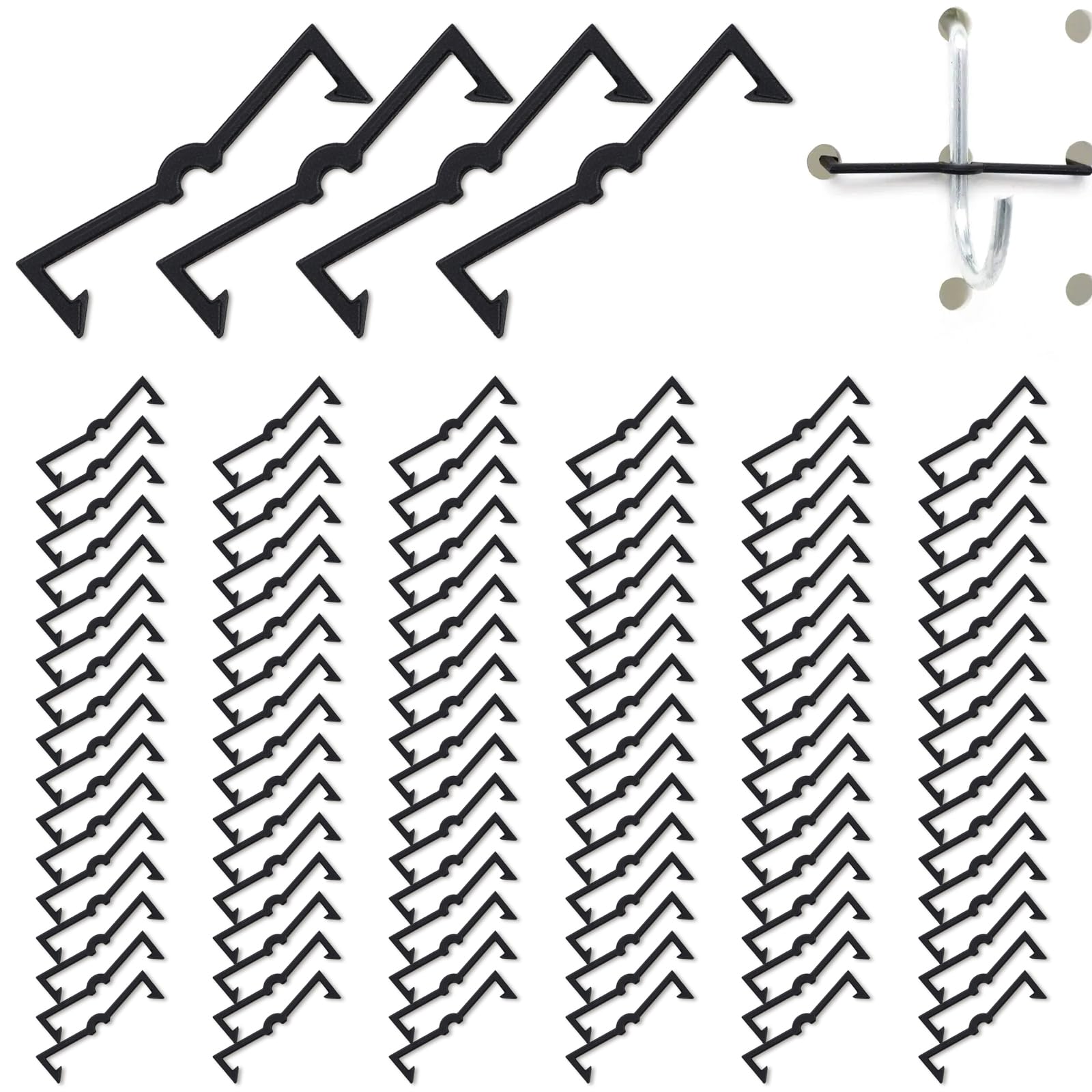 100-Piece Pegboard Hooks Plastic Peg Locks Black Plastic Peg Hook Peg Board Accesories Pegboard Display Hook Organizer Fit 1/4 Inch and 1/8 Inch Pegboards