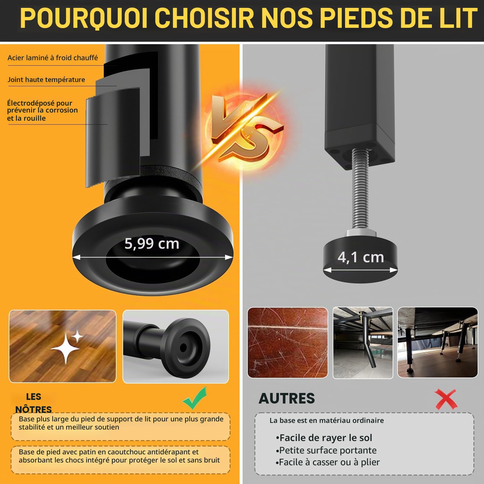 VETIN Lot de 4 Pieds de Support de Lit Réglables en Hauteur, Adaptés aux Cadres de Lit 18-32cm, aux Lattes Centrales de Lit et aux Pieds de Support de Meubles, Installation sans Perçage