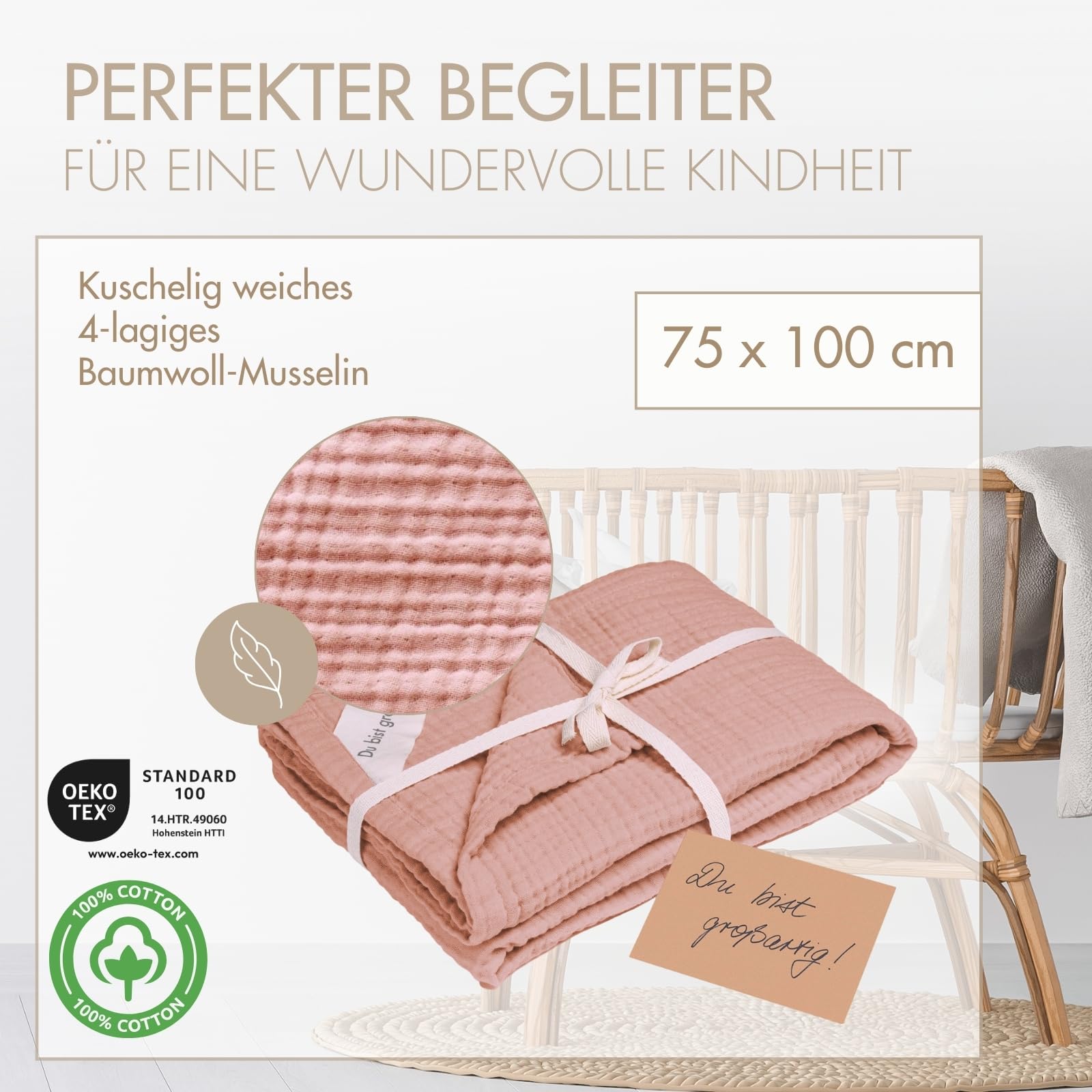 MOYO Musselin Babydecke Zartes Rosenholz I 75x100cm I Atmungsaktive Kuscheldecke aus Baumwoll-Musselin I Weiche Baby-Bettdecke für Junge & Mädchen I Baumwolldecke Geburt