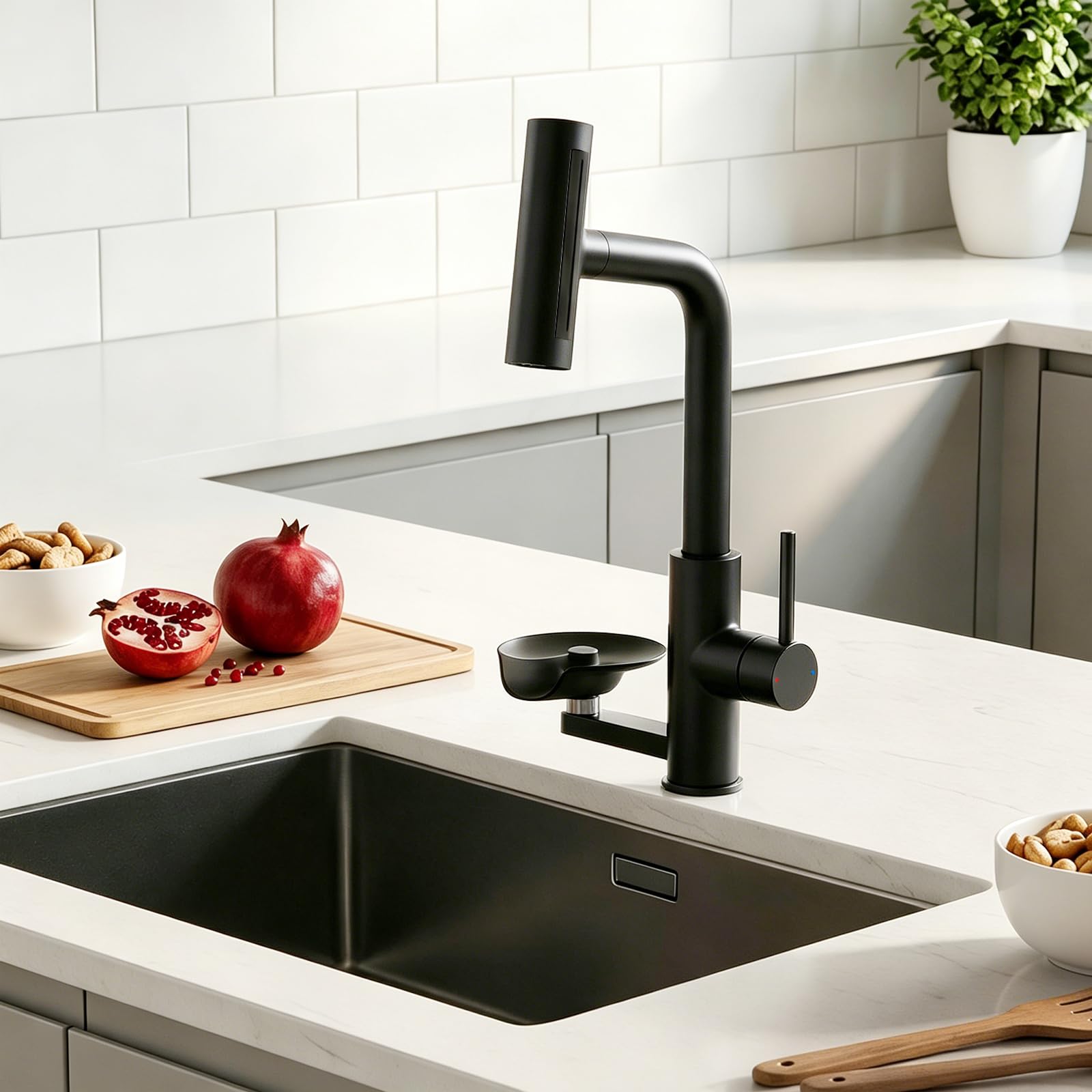 KAIYING Kitchen Mixer Tap with Glass Washer, 4 Spray Modes High Pressure Pull Out 1 Hole Kitchen Sink Taps with Glass Rinser, Stainless Steel Single Handle Tap for Kitchen, Bar, RV (Black)