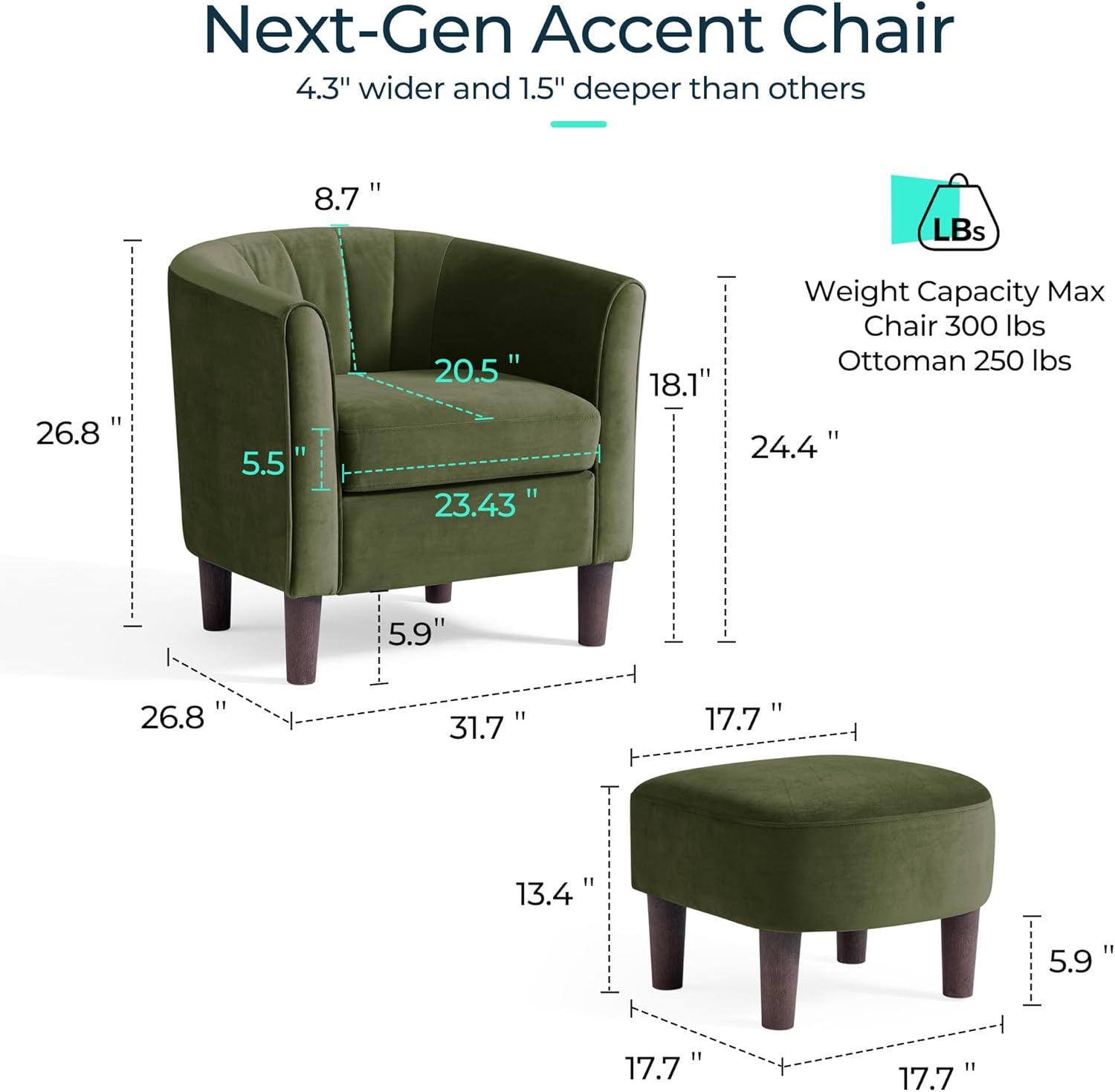 LINSY Accent Chair with Ottoman, Modern Armchair Comfy Barrel Reading Chair with Footrest for Living Room Bedroom Reading Room, Velvet, Olive Green Olive Green Large