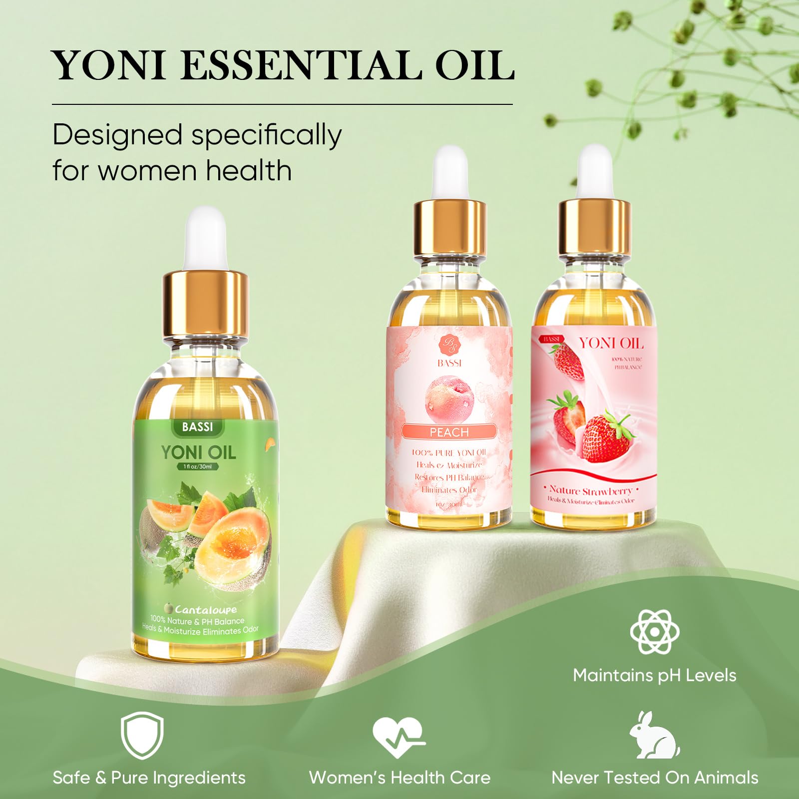 3 PCS Natural Yoni Oil for Women -Feminine Oil Vaginal Moisturizer - Reduces Odor, Restores pH Balance, Helps with Vaginal Itch, Herbal Yoni Blend with Strawberry Peach Hami Melon