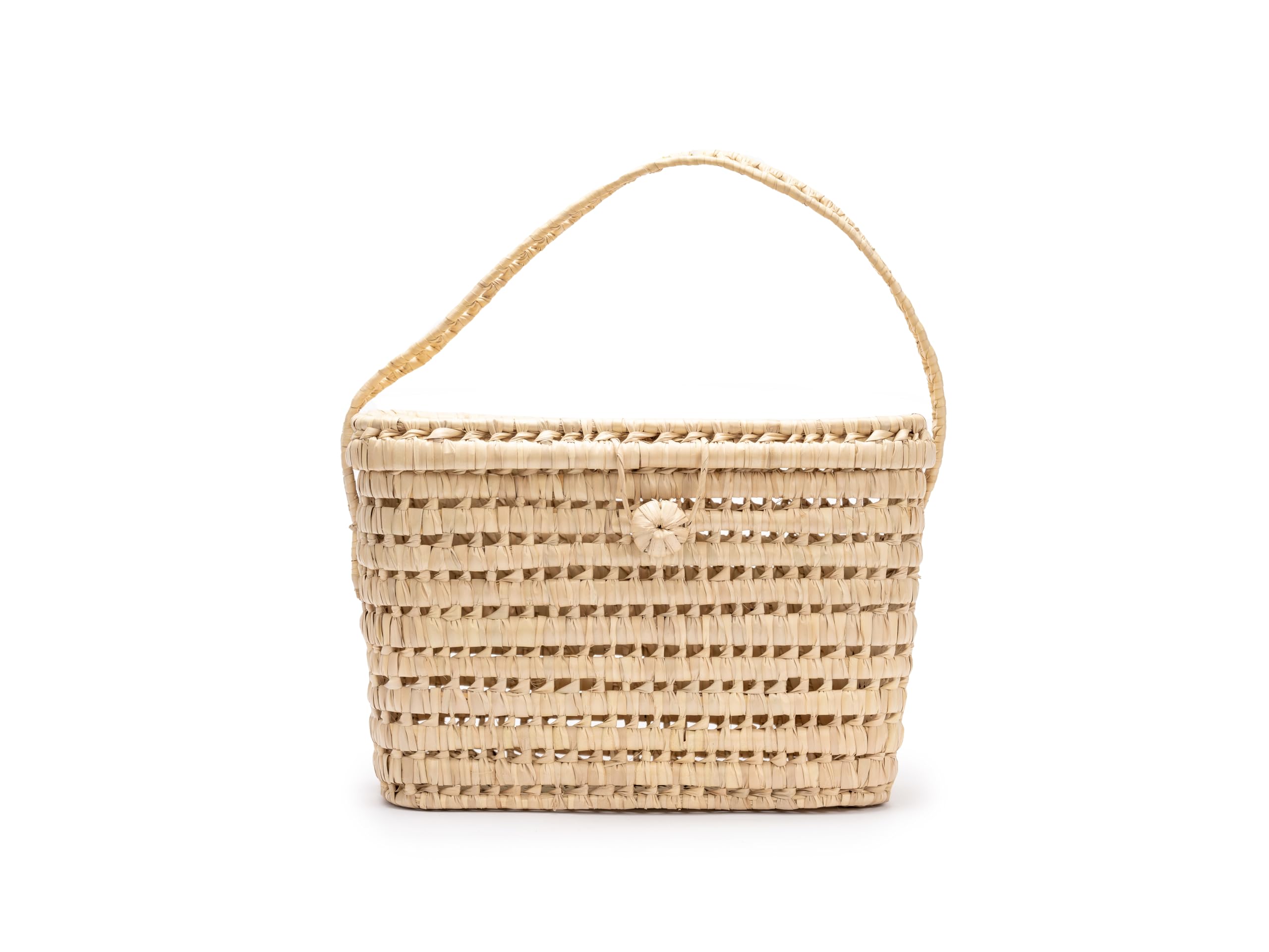 Cesta de Almacenaje de Hoja de Palma con Asa y Tapa, Tejido a Mano, Cesto de Mimbre Marroquí, 35x25x28 cm