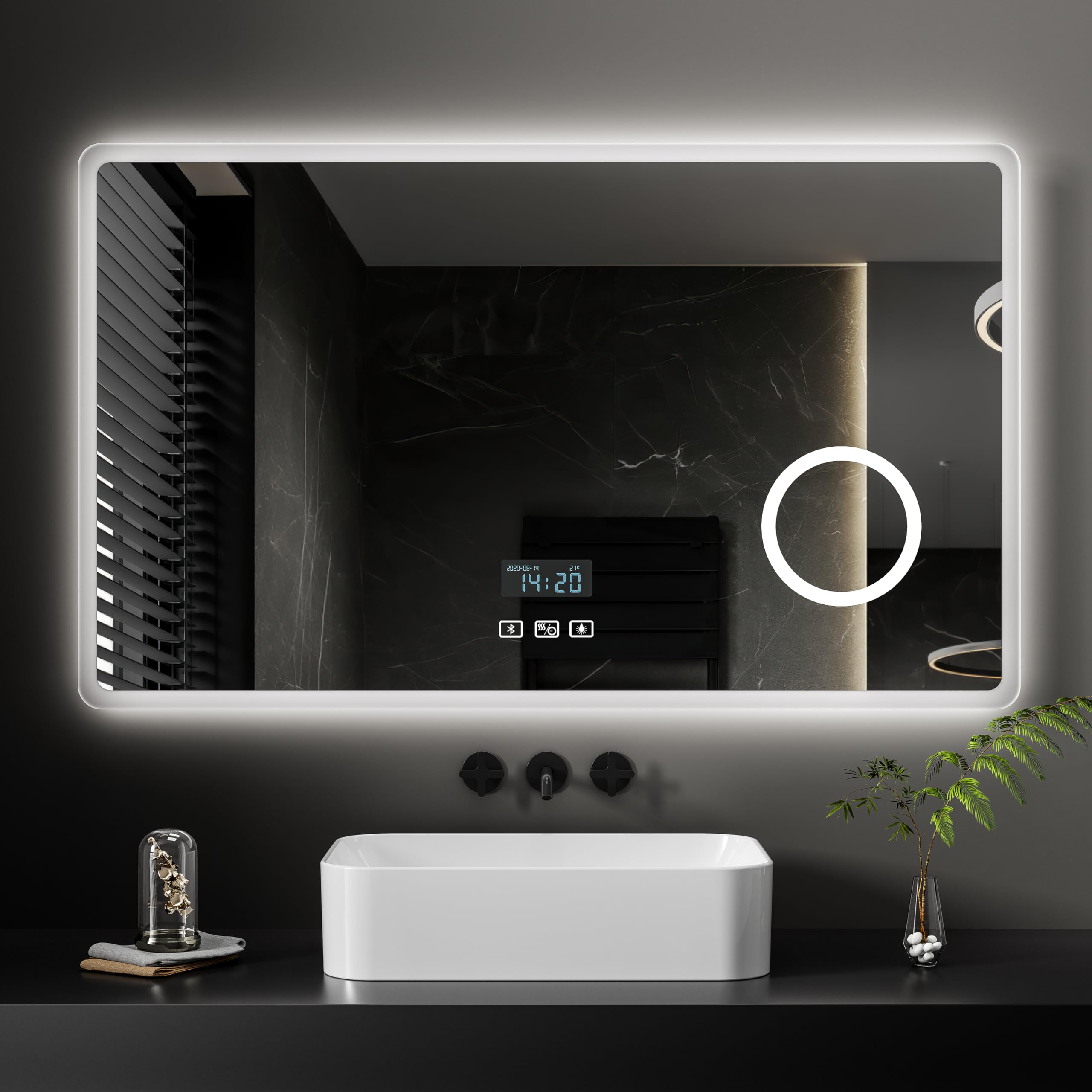 EMKE® Espejo de baño LED 7 en 1, 100 x 60 cm, con iluminación, 3000 K/4000 K, 6500 K, táctil, Regulable, antivaho, 3 Espejos cosméticos, Bluetooth, Ahorro de energía, IP44, fácil instalación