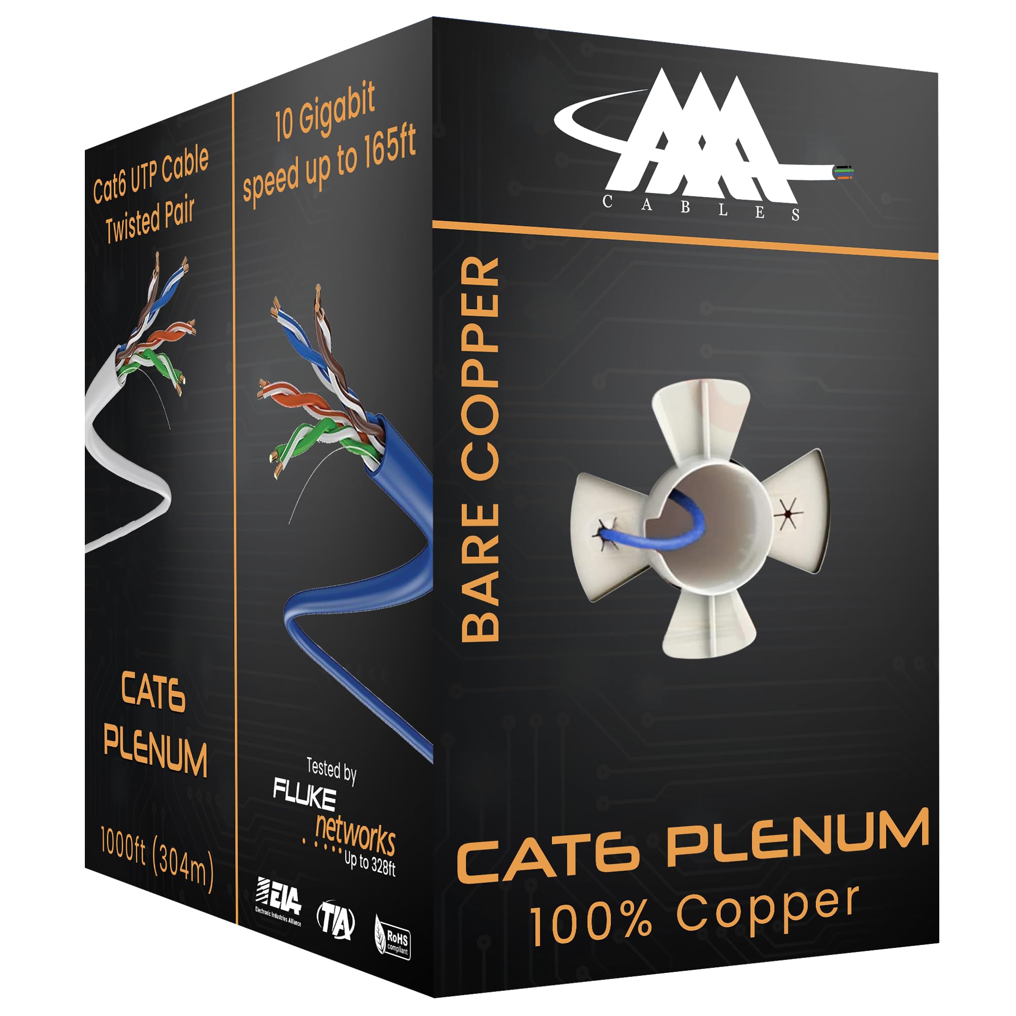 AAA Cables Câble plenum Cat6 3000 m en cuivre nu | 23AWG, 550 MHz, 10 Gigabit PoE++ (4PPoE) | Test d'analyseur de réseau DSX-8000 réussi | Cuivre massif Ethernet Cat 6 | 100 % cuivre massif | Bleu