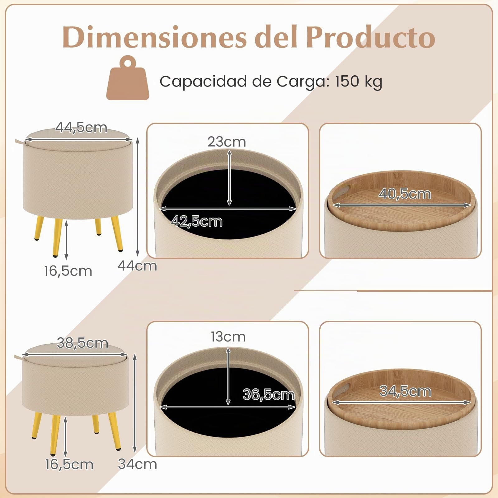 COSTWAY Juego de 2 Puff Almacenaje 23L + 6L, Taburete Tocador Redondo de Piel Sintética con Bandejas de Tapa Abatible, Patas Metálicas Doradas, Mesita Auxiliar y Reposapies en uno para Entrada, Salón