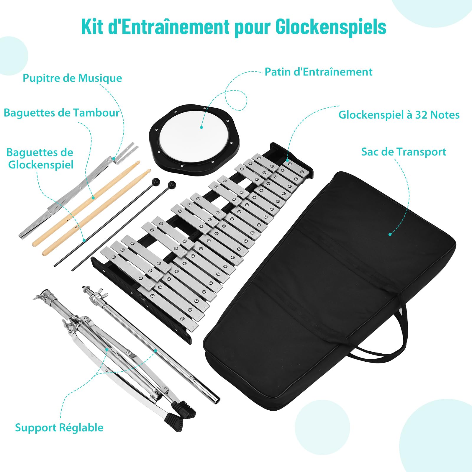 GOPLUS Glockenspiel Plegable de 32 notas de aluminio para niños, instrumento musical xilófono con soporte ajustable, atril y palillos de madera, bolsa de transporte, tambor de entrenamiento