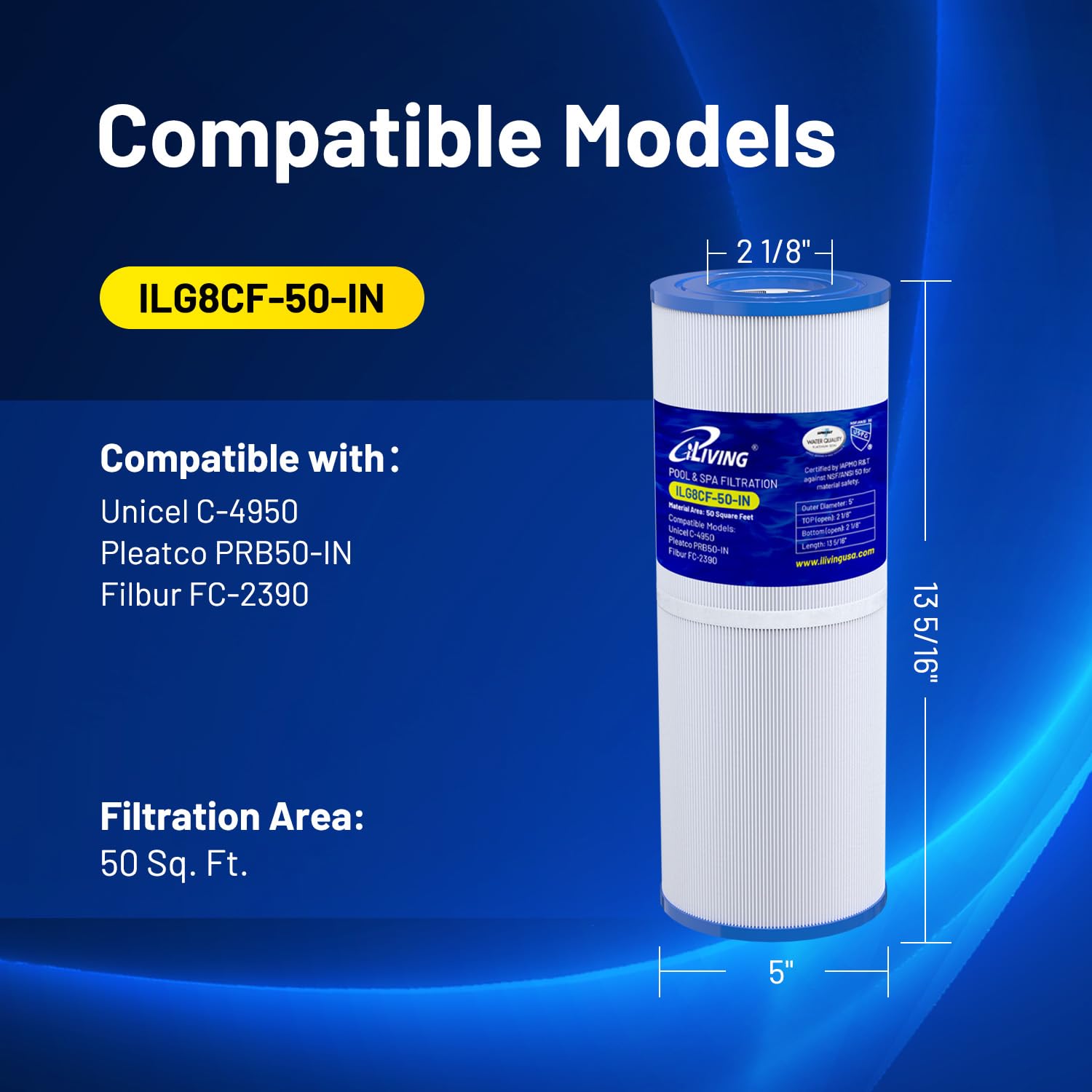 iLiving ILG8CF-50-IN Pool & Spa Filter Replacement, Compatible with Pleatco PRB50-IN, PRB50IN, Unicel C-4950, Filbur FC-2390, Jacuzzi J210/J220/J235/J245/J275, Guardian 413-212-02, 373045