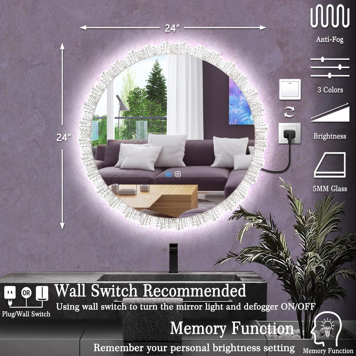 24 Inch Wave Crystal Round Mirror with Lights 3 Color Adjustable Backlight AntiFog 24 Backlit Round Lighted Vanity Mirror for Bathroom Bedroom Wall Crystal LED Backlit Circle Rounds Mirrors