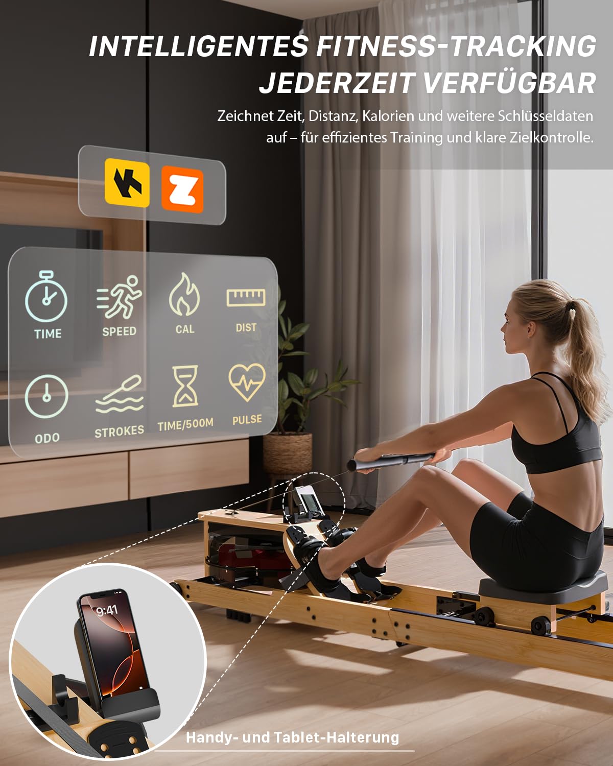 Rudergerät für Zuhause, Aeriflo Hochwertiges Faltbares Wasser Rudergerät aus Massivholz, mit Professionellem Bluetooth-Monitor mit Tablet-Halter & Komfortabler Sitz
