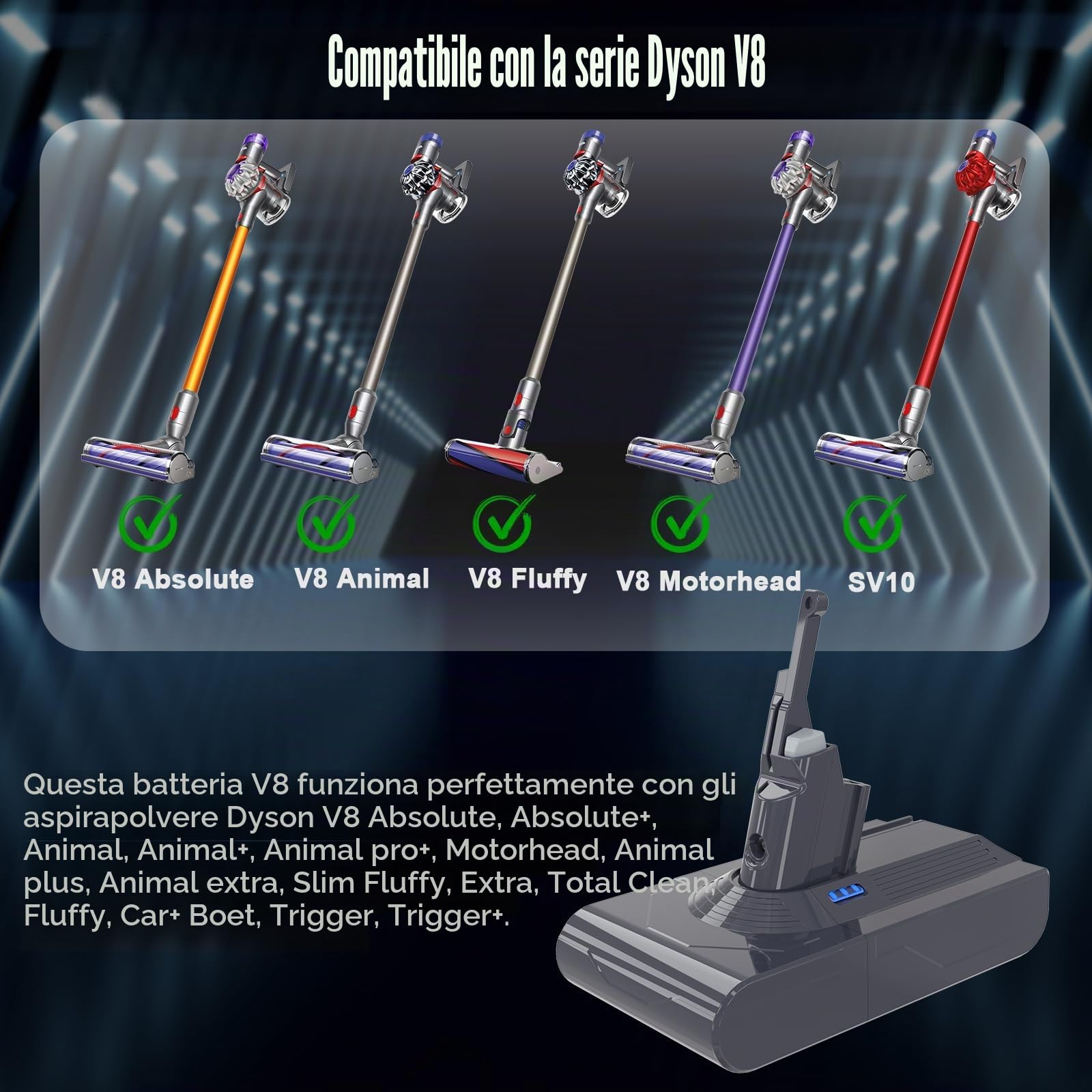 6000mAh Batteria per Dyson V8, Compatibile con Dyson V8 Animal, Absolute, Fluffy, Parquet, SV10, Slim aspirapolvere- con 2 filto e 1 Cacciavite