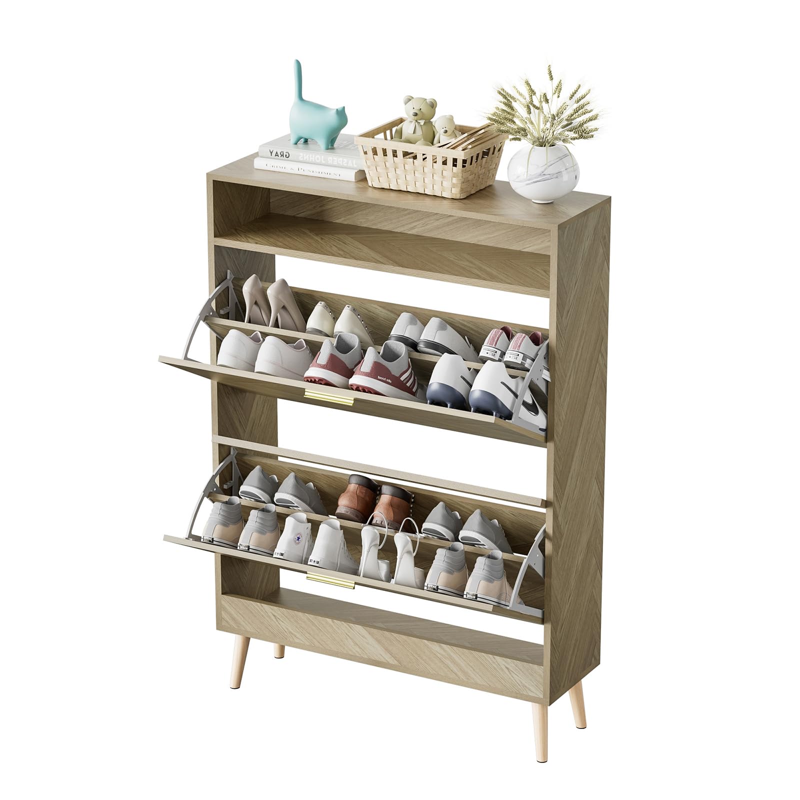Zapatero Estrecho con 2 Puertas, Zapatero Recibidor para 12 Pares, Armario Zapateros de Madera para Pasillo y Sala de Estar, 80 x 24 x 115 cm