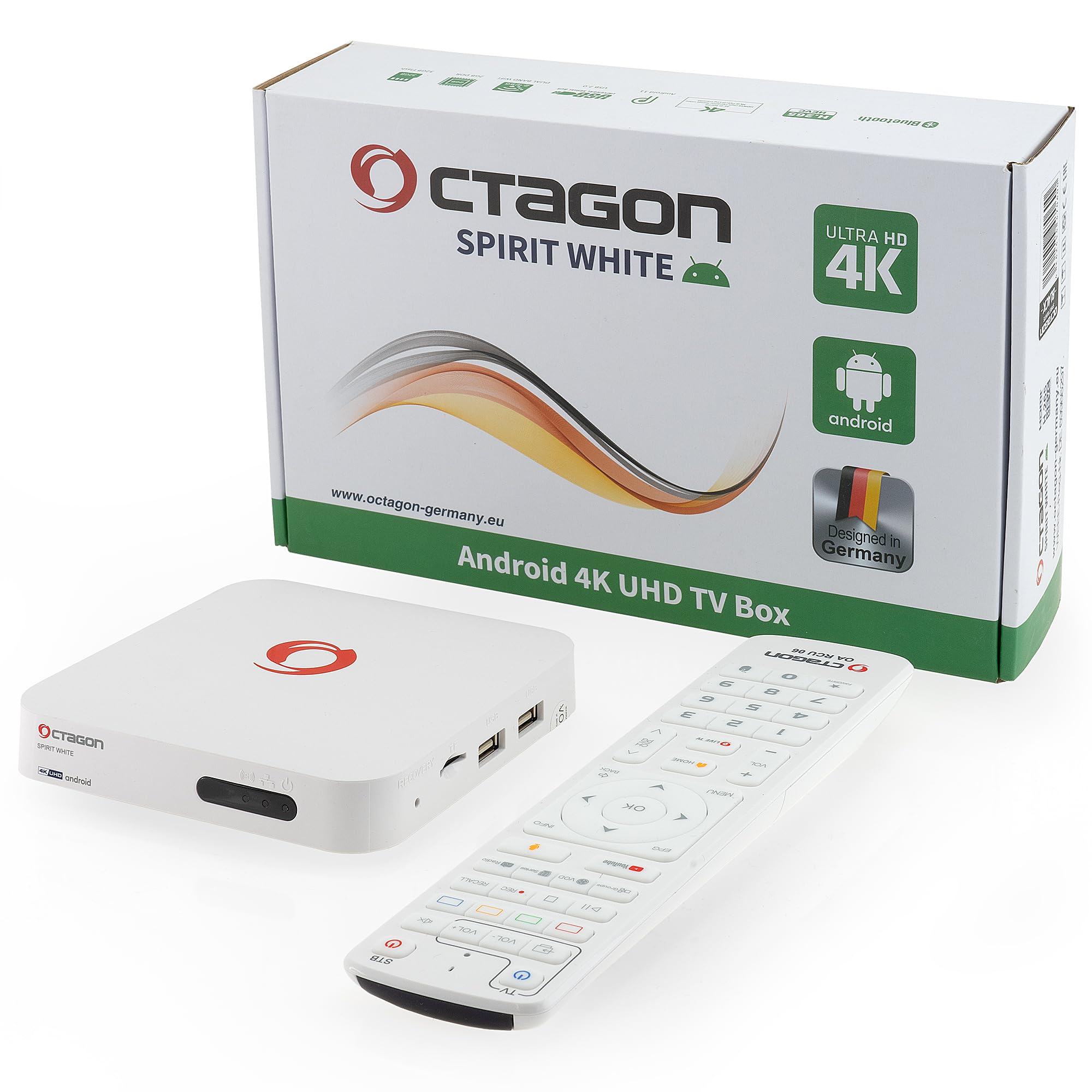 [Test MOLTO BUONO *] Octagon Spirit White 4K UHD Android TV Box, Dual Band WiFi WiFi, telecomando Bluetooth, controllo vocale, HDR10+, HLG, 2 GB RAM e 32 GB flash, ricevitore IP TV, Bluetooth 5.1