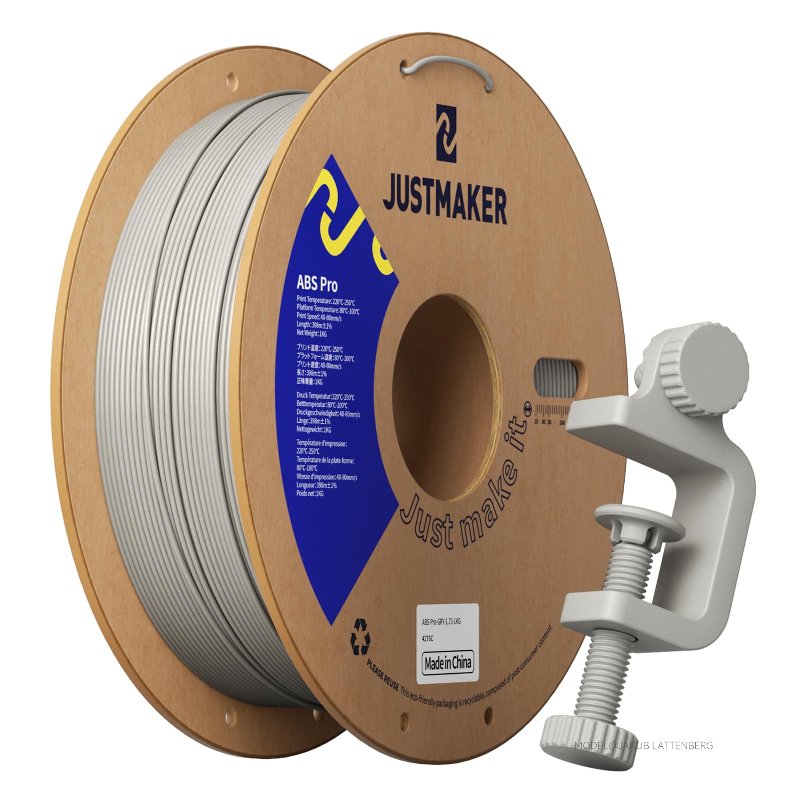JUSTMAKER ABS PRO (ABS+) 3D Printer Filament, Upgraded Strength Heat Resistant Filament, Cardboard Spool, Dimensional Accuracy +/-0.03mm, 1.75mm, 1kg