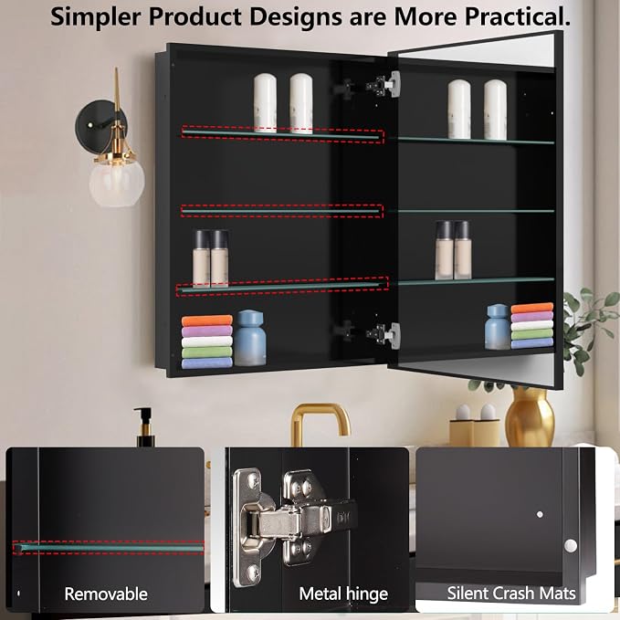 Botiquín de baño de 24 x 30 pulgadas con espejo – Marco de aluminio cepillado negro, armario de almacenamiento de una puerta para montaje superficial, espejo negro para mueble de baño miniatura 5