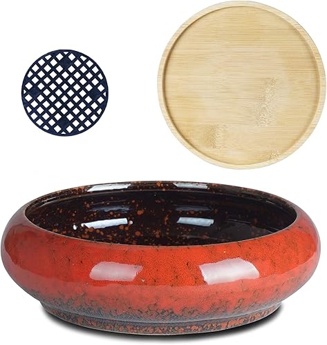 Miniatura 2 de ARTKETTY Macetas para suculentas  Macetas grandes para suculentas de 7.3 pulgadas con drenaje de cerámica para bonsái con bandeja de bambú, macetas