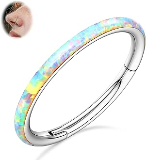 BodyBonita Hinged Opal Nose Rings Hoops - 16G/18G/20G 316L Surgical Steel Hinged Hoop Nose Rings Septum Rings Conch Helix Daith Piercing Jewelry Purple/Pink/Blue/White 10mm/8mm Silver/Gold Plated