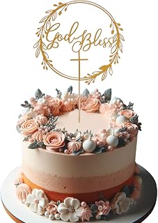 God Bless Golden Cake Topper - Baptism Christening Cross Cake Topper Decoration for Religious & Celebratory Events