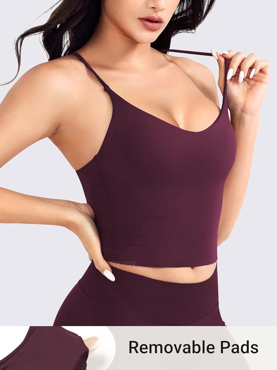 VOYJOY Women's Workout Tank Top V Neck Padded Sleeveless Backless Crop Tops with Adjustable Spaghetti Strap - Image 3