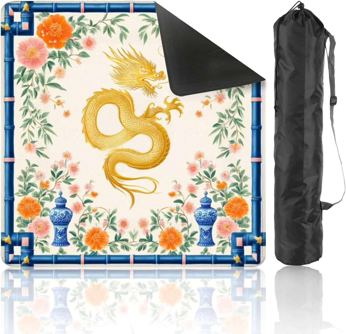 Chinoiserie Mahjong Mat with Carrying Bag 31.5" x 31.5" Golden Dragon Floral Blue Vases Bamboo Frame Non-Slip Noise Reduction Table Mat for Mahjong Poker Dominoes Card Games