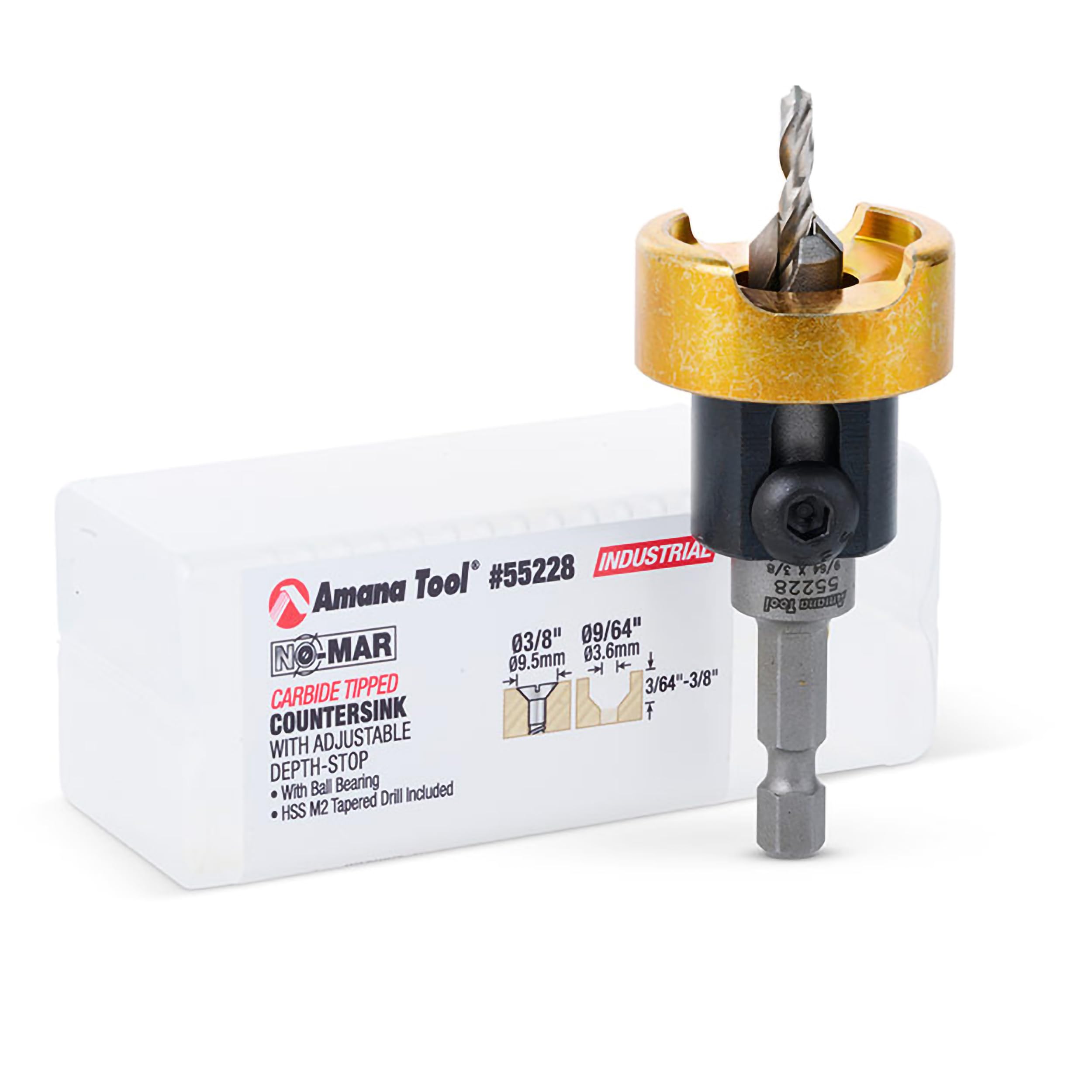 Amana Tool 82 Degree Countersink with Drill Bit Depth Stop and No-Thrust Ball Bearing, 55228, 3/8 D x 9/64 Drill D x 1/4 Inch Quick Release Hex Shank