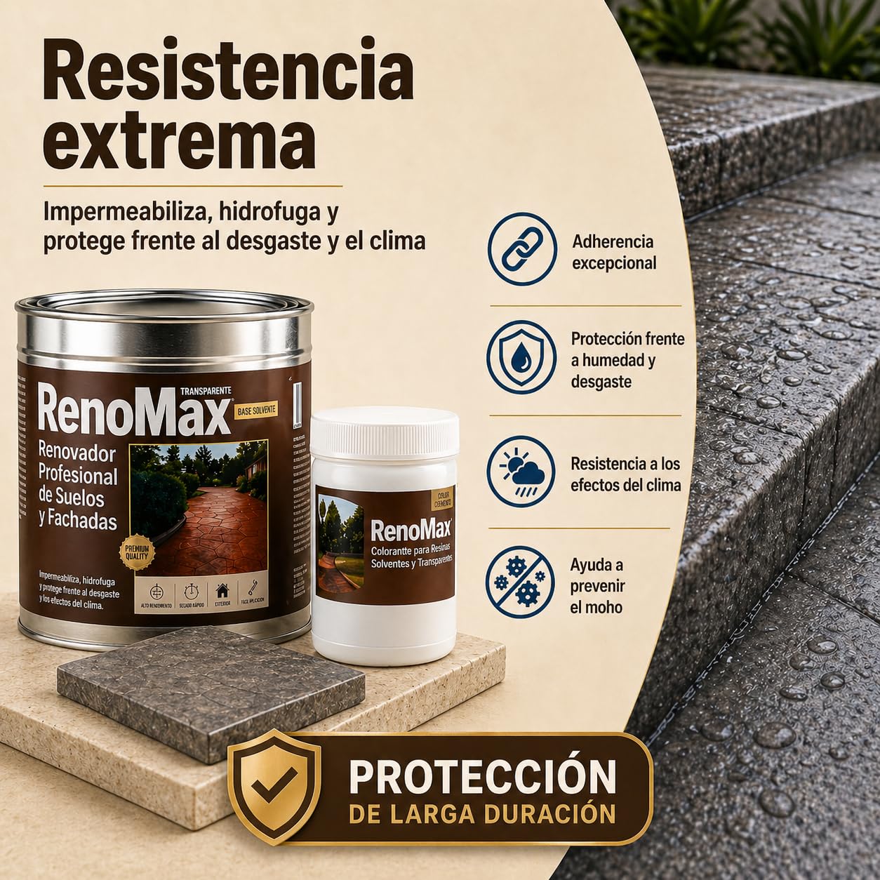 Renomax - Resina Hormigon Impreso y Superficies Porosas Al Disolvente + Tinte Hormigon Impreso Color Cuero, 5L Cubre hasta 50m² | Repara y Protege Suelos,Fachadas | Fácil de Aplicar, Garantía 5 Años