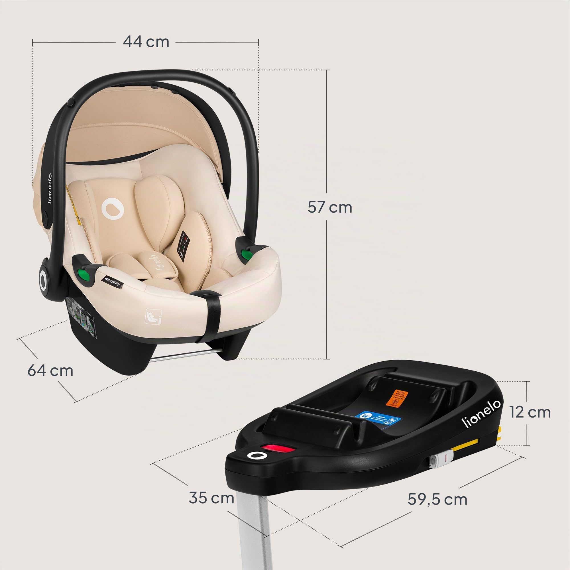 Lionelo ASTRID i-Size SET Silla de Coche con Base 40-87 cm (Grupo 0+) Portabebés Montaje ISOFIX, Cinturones de Seguridad 3 Puntos Protección Lateral, Reductor Dri-Seat, i-Size R129