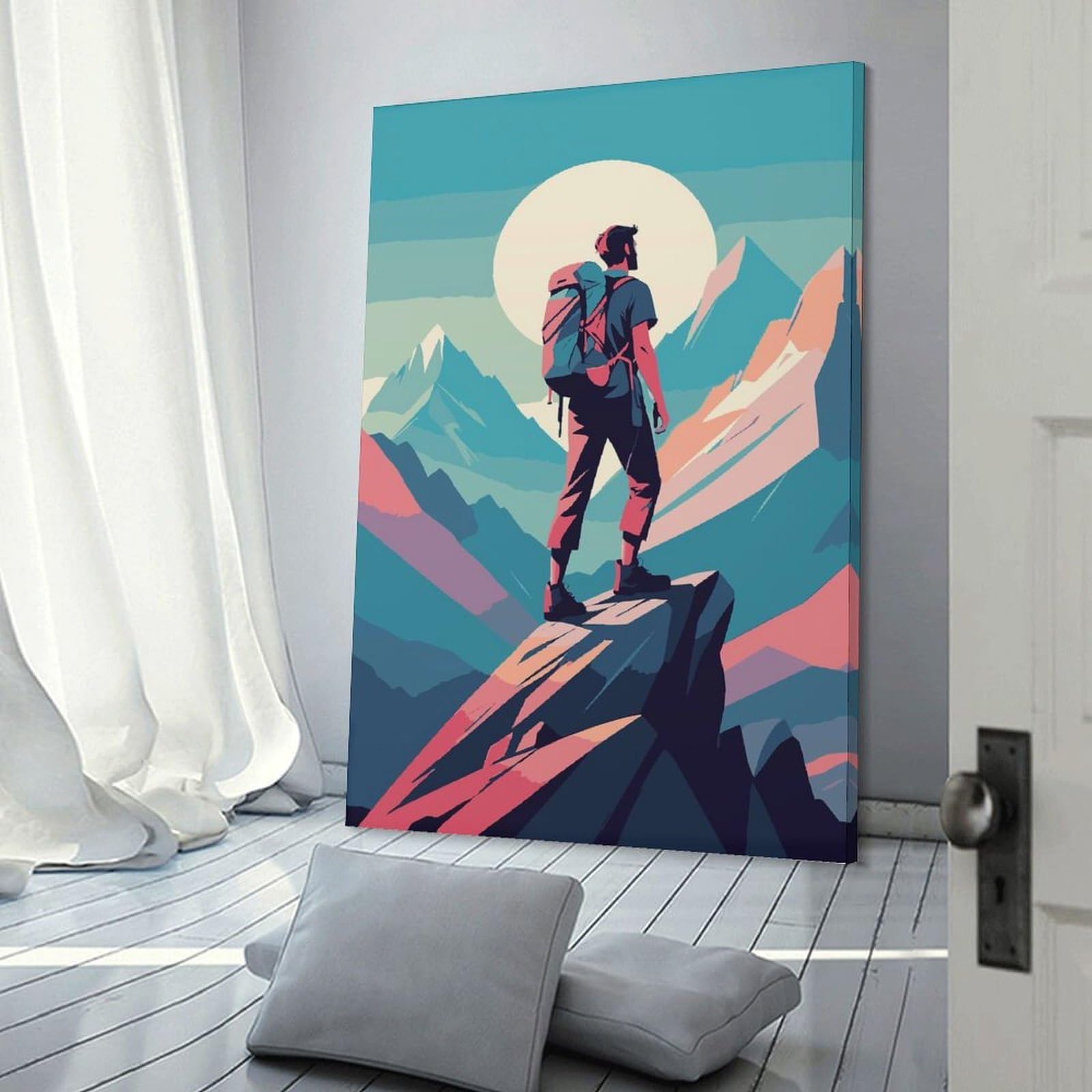 Junmoney Canvas Wall Decor Hiker on Mountain Peak Illustration, 12x18inch(30x45cm), for Gallery Wall Decor And Room Displays, An Easy Match for Collected Prints