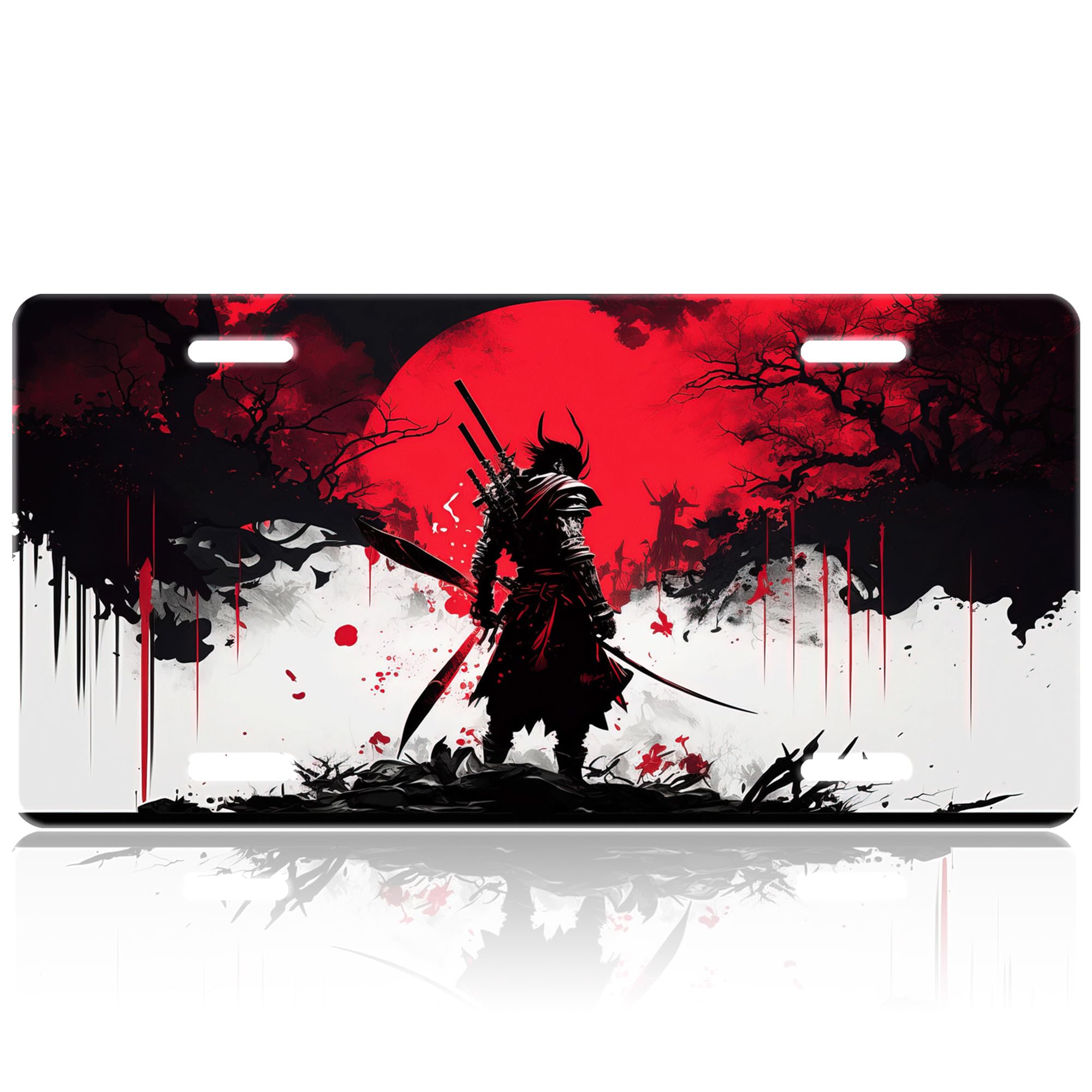 Japanese Cool Samurai Front License,Plate License Personalized Rust-Proof Stainless Steel Car Decoration Vanity Car Tags License Plate Cover for Men Women,12.2" X 6.2"