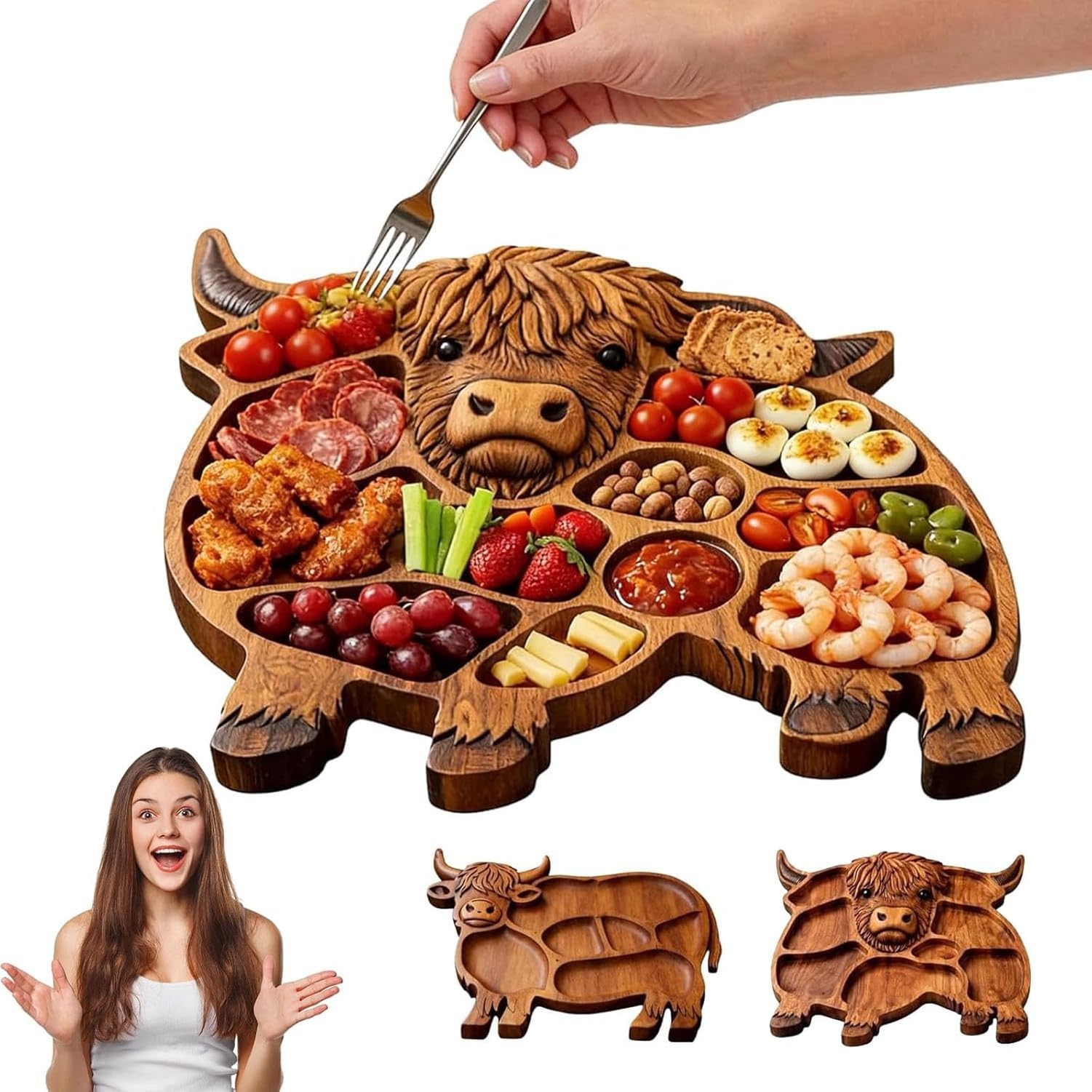 WOMGKDA Highland Cow Wooden Charcuterie Board, Unique Serving Tray with Compartments, Farmhouse Style Appetizer Platter for Cheese, Meat, Fruit & Snacks, Durable Hardwo, #01