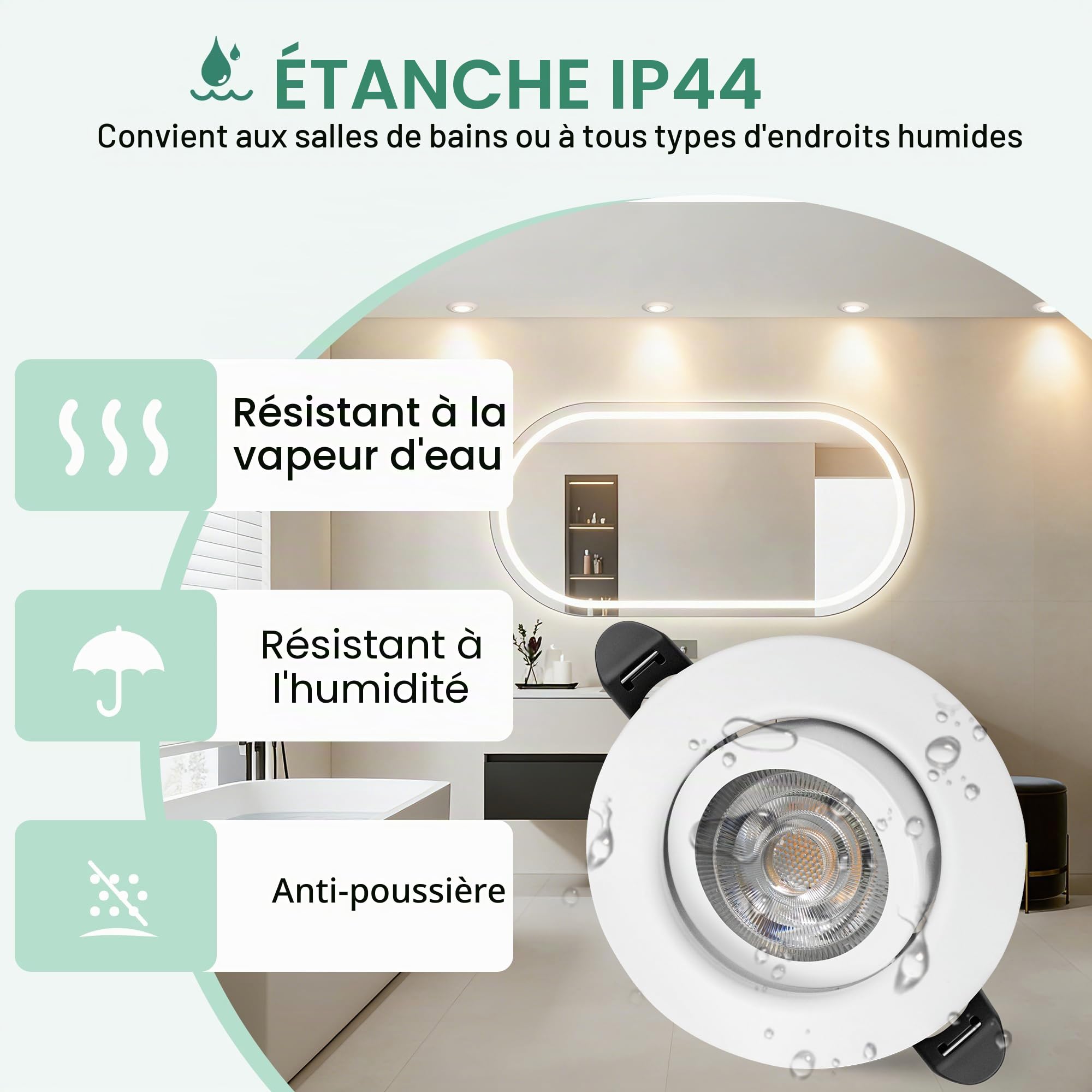 Spot LED Encastrable Dimmable 220V, 5.5W 600LM IP44 Spots LED Encastrable Extra Plat 68mm, 45° Orientable Spots de Plafond Blanc Chaud 2700K Spot Salle de Bain, Blanc Lot de 6