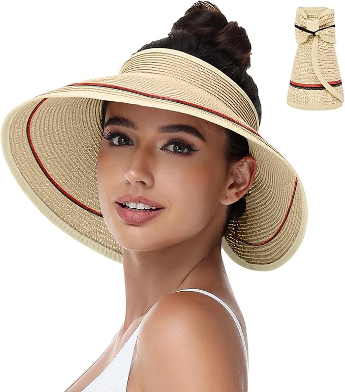 Sun Hats Visor for Women, UV UPF Straw Beach Hat Foldable Wide Brim Ponytail Summer Hats Packable Travel