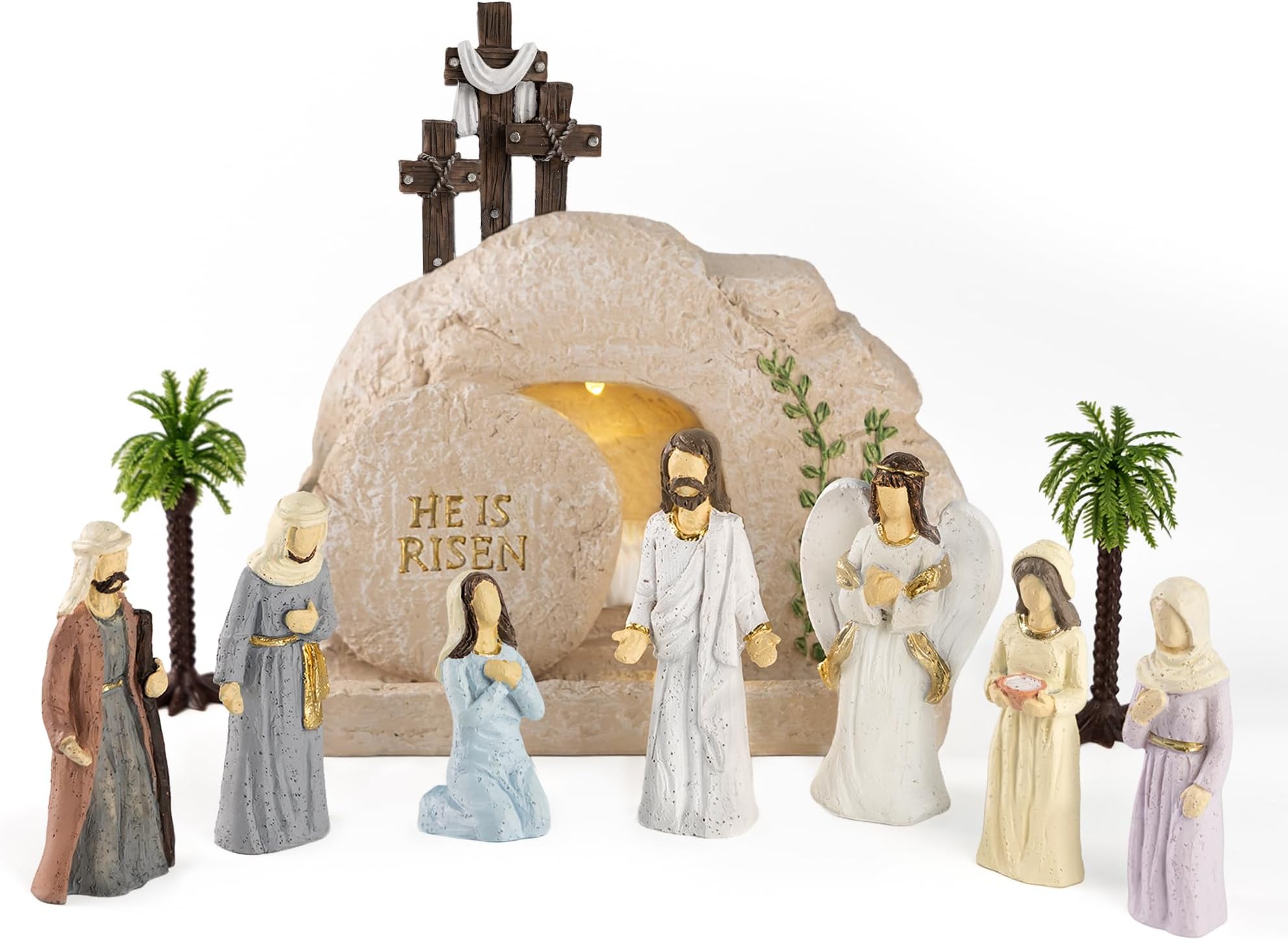 Easter Decorations for Home – 11 Pieces LED Resurrection Scene Set with Empty Tomb & Cross Shaped Resin Table Decor, Jesus Statue Set, Christian Easter Table Decorations & Mantel Decorations