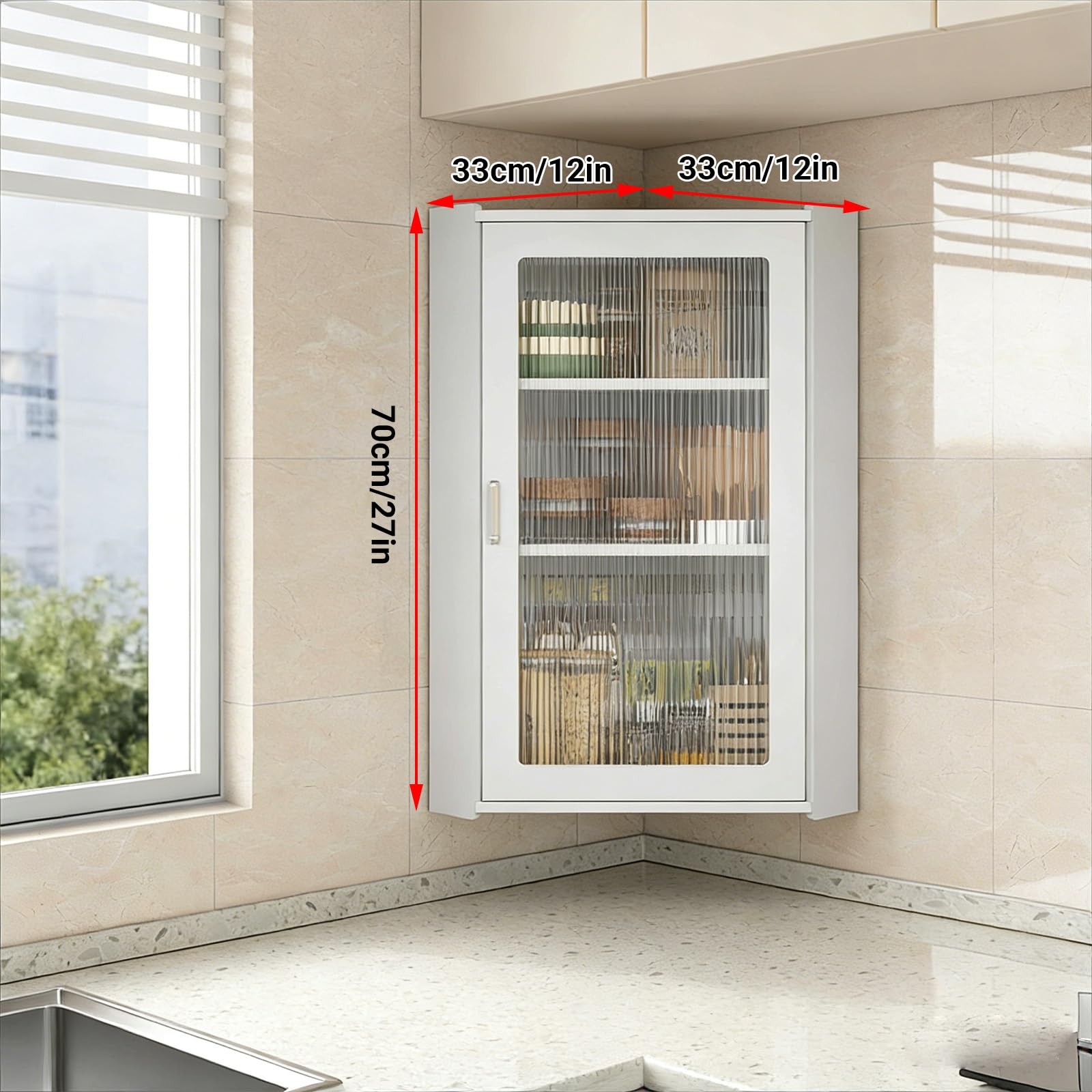 Scaffale angolare a 2/3 ripiani, per cucina e bagno, montaggio a parete, compatto, angolare con porta, ideale per piccoli spazi (grigio, 30,5 x 30,5 x 68,6 cm)
