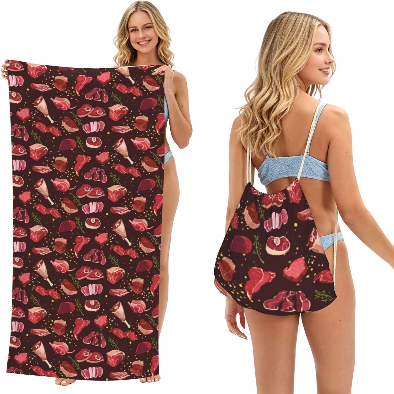 Poadnly As Picture Steak Pattern, 2 In 1 Packable Towel Bag, Beach Towels With Drawstring Backpack For Travel Holiday Camping