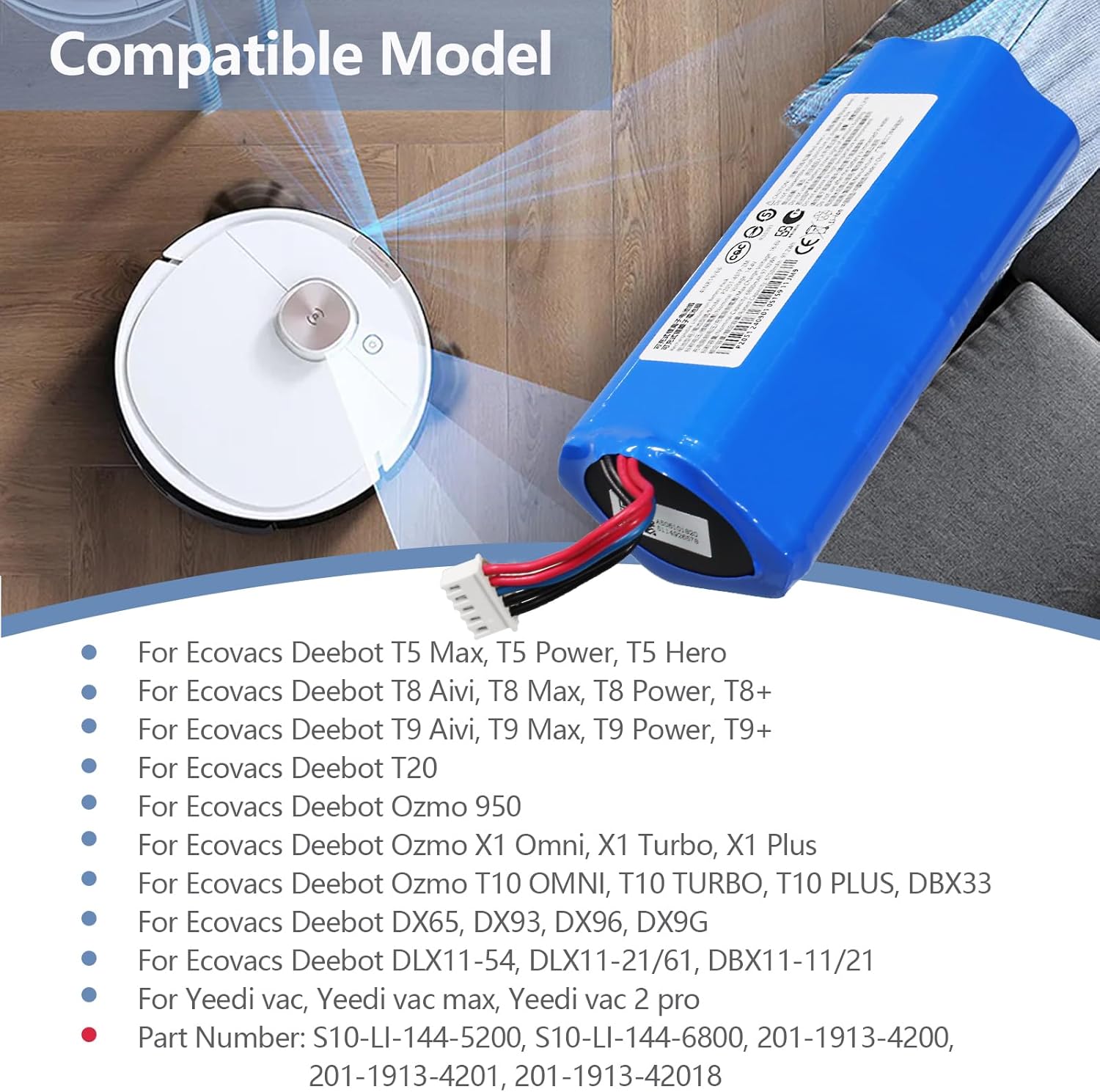 for Deebot Ozmo T8 Battery - for Ecovacs Deebot X1 Omni Battery - T5 Max T8+ T9 Aivi Power T9+ T20 Replacement for Ozmo 950 T10 X1 Omni Turbo Plus DX65 DX93 DX96 Vacuum Cleaner 6800mAh