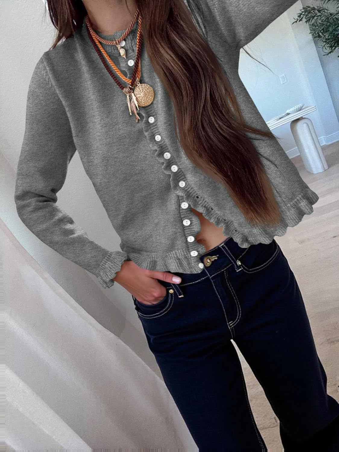 Saodimallsu Womens Ruffle Cardigan Sweaters Button Up Crew Neck Long Sleeve Cropped Sweater Cute Soft Knit Tops - Image 2