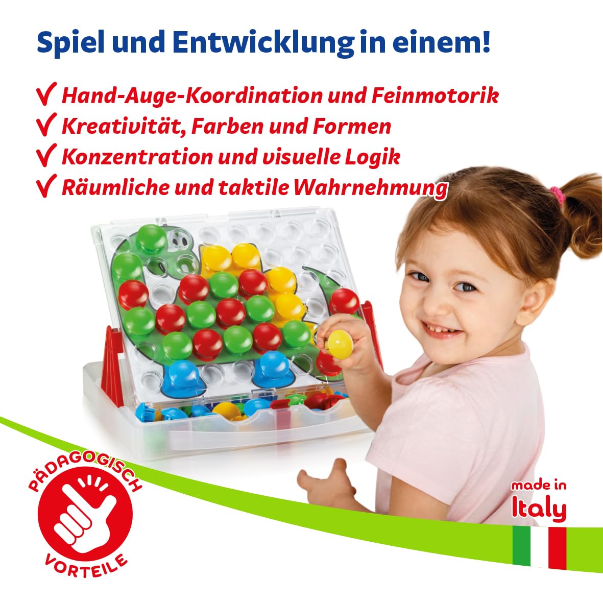 Quercetti Fantacolor Junior 48, Montessori Spielzeug 2 Jahre, Mosaik Spiel mit Magnetspiel Funktion, Lernspiele Kinder, Reisespiele, Geschenk Mädchen